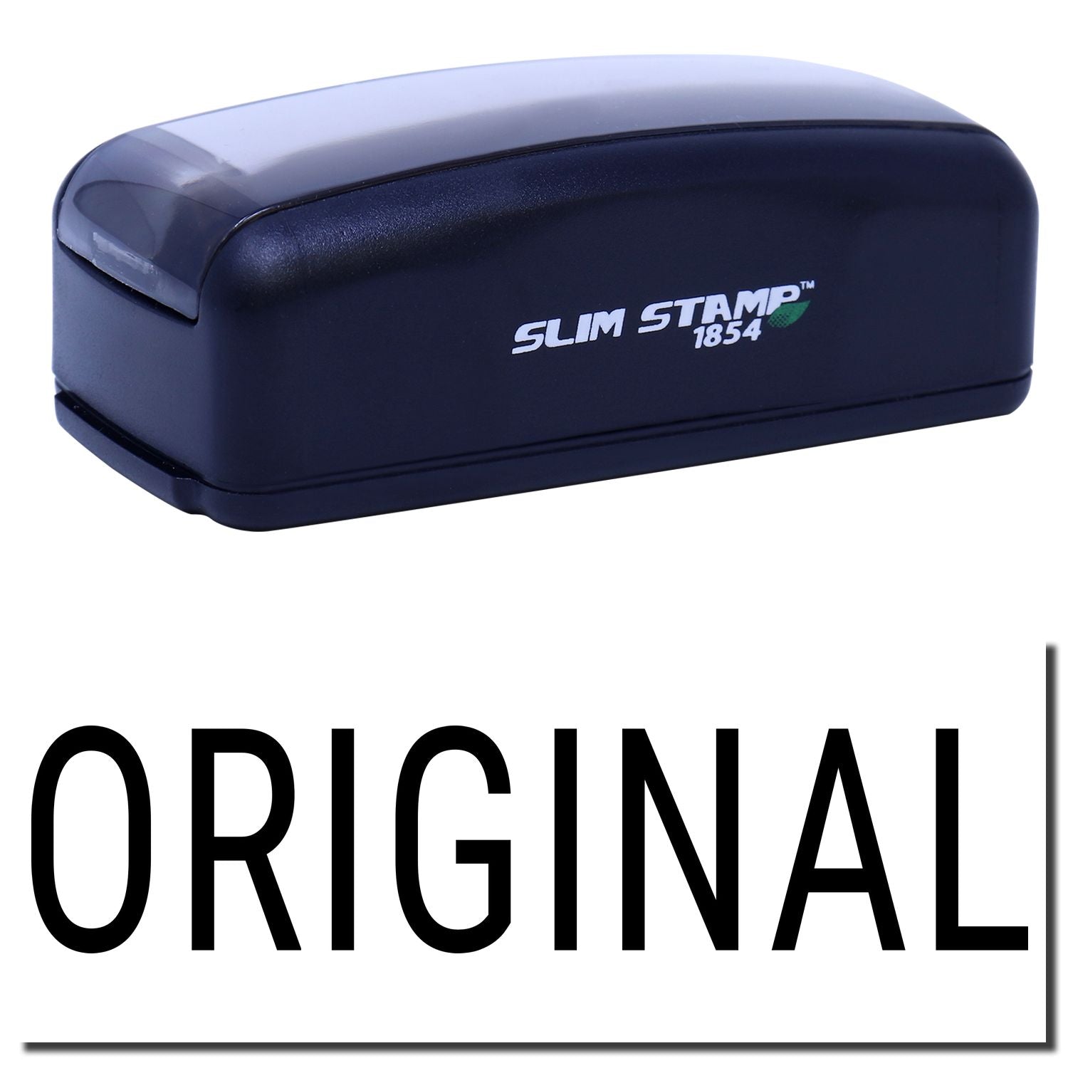 Slim Stamp 1854 office stamper in navy case with original branding, used to mark documents and labels with dates quickly and consistently.