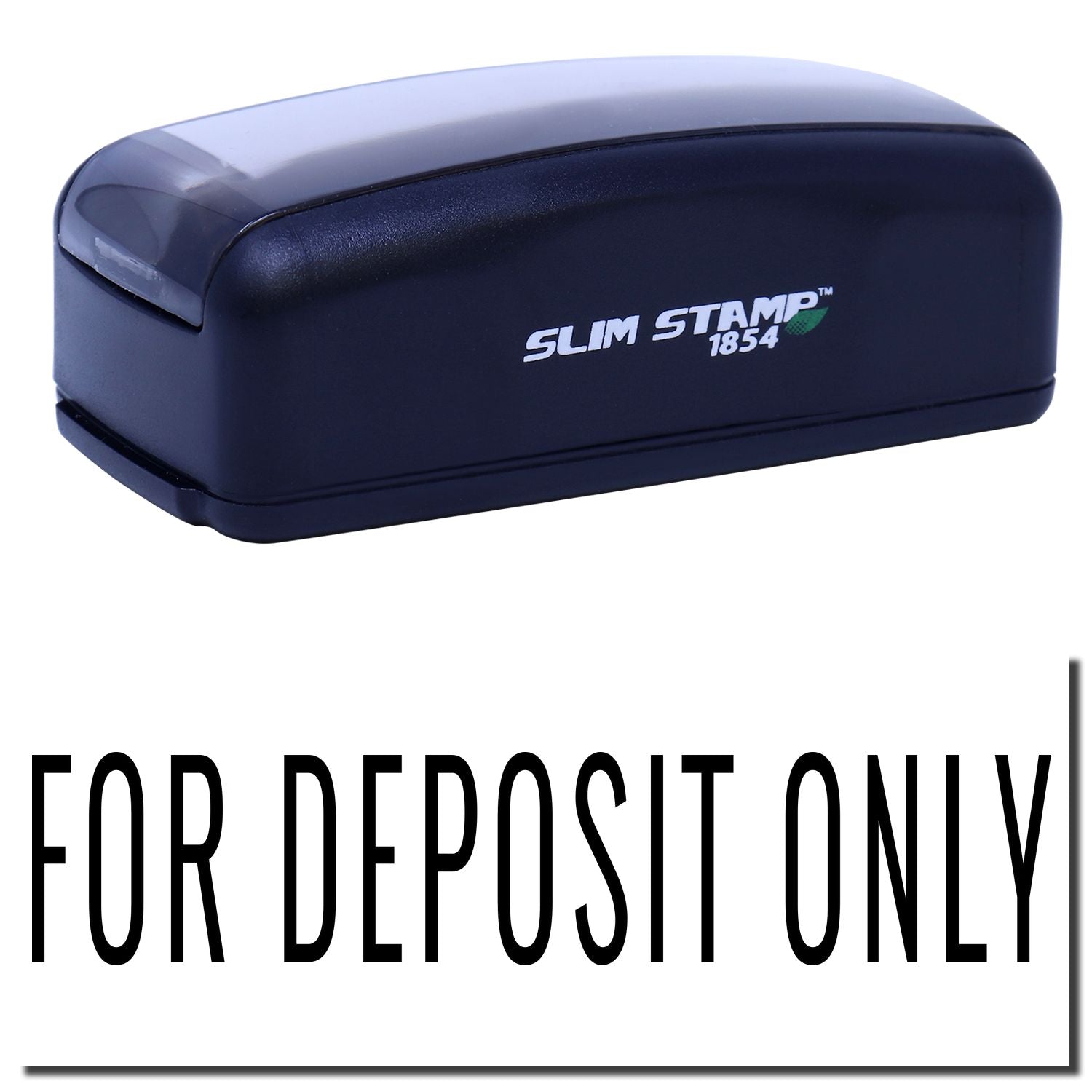 Slim Stamp 1854 deposit only stamp for bank check endorsements, clearly marks documents with FOR DEPOSIT ONLY deposit wording on checks.