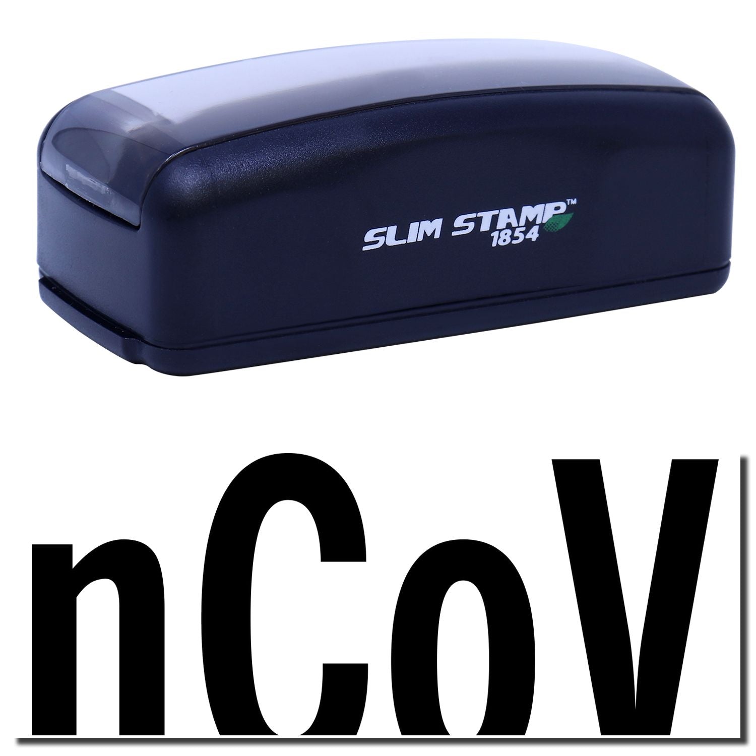 Slim Stamp 1854 navy self-inking stamp showing brand label for quick office document date and address marking and inventory control.