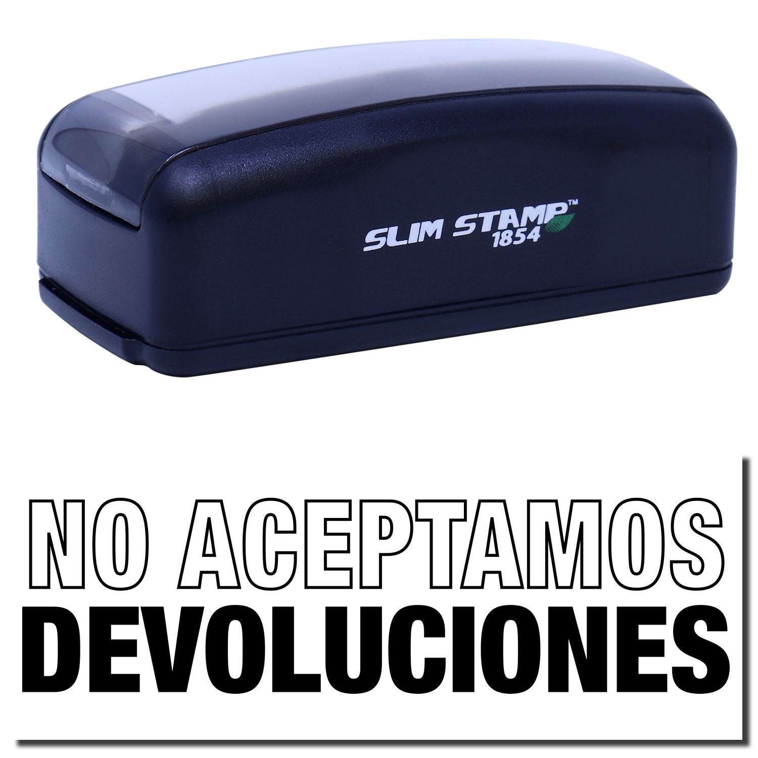 Slim Stamp 1854 date stamp with No aceptamos devoluciones message for no-return policy.