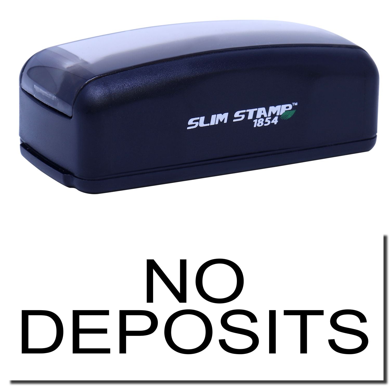 Slim Stamp 1854 self-inking stamp for branding shown on product packaging with No Deposits label