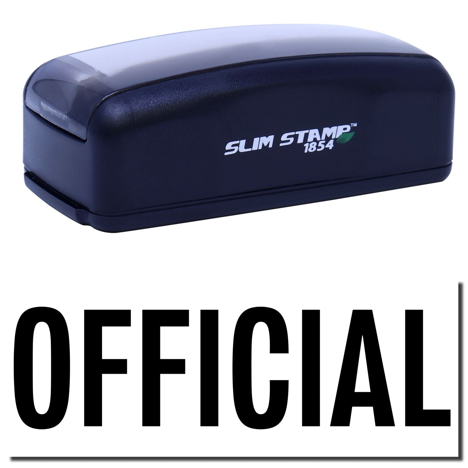 Slim STAMP 1854 self-inking stamp with protective case, shown for accurate document and address marking.