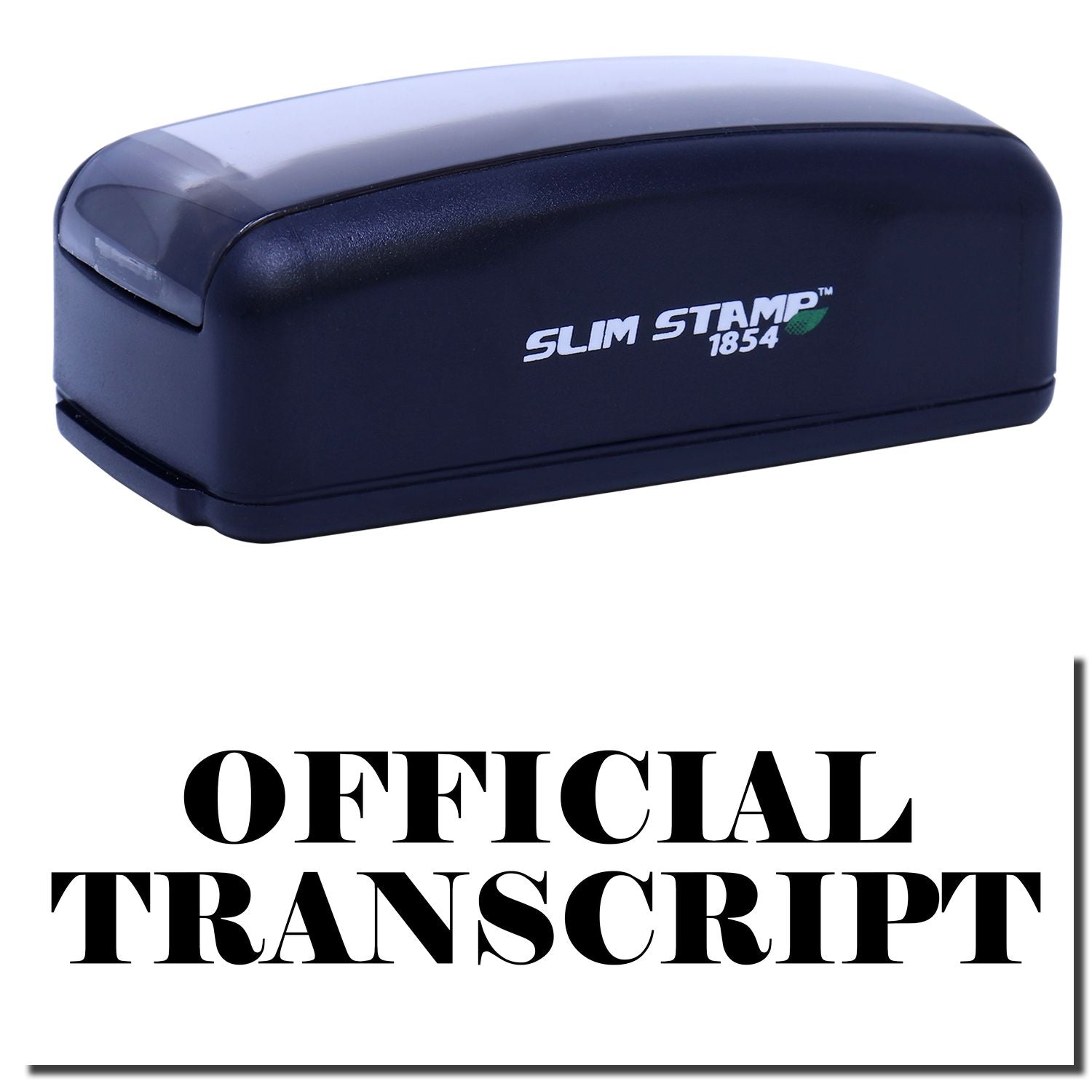 Slim Stamp 1854 close-up, official transcript stamping device for labeling document transcripts with crisp ink marks