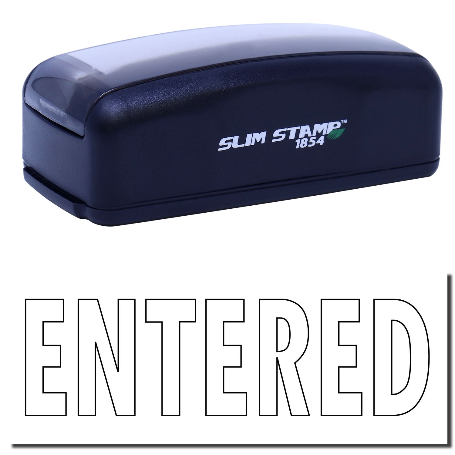 Product photo of Slim Stamp 1854 ink stamp for office and craft labeling, showing navy casing with the brand logo.