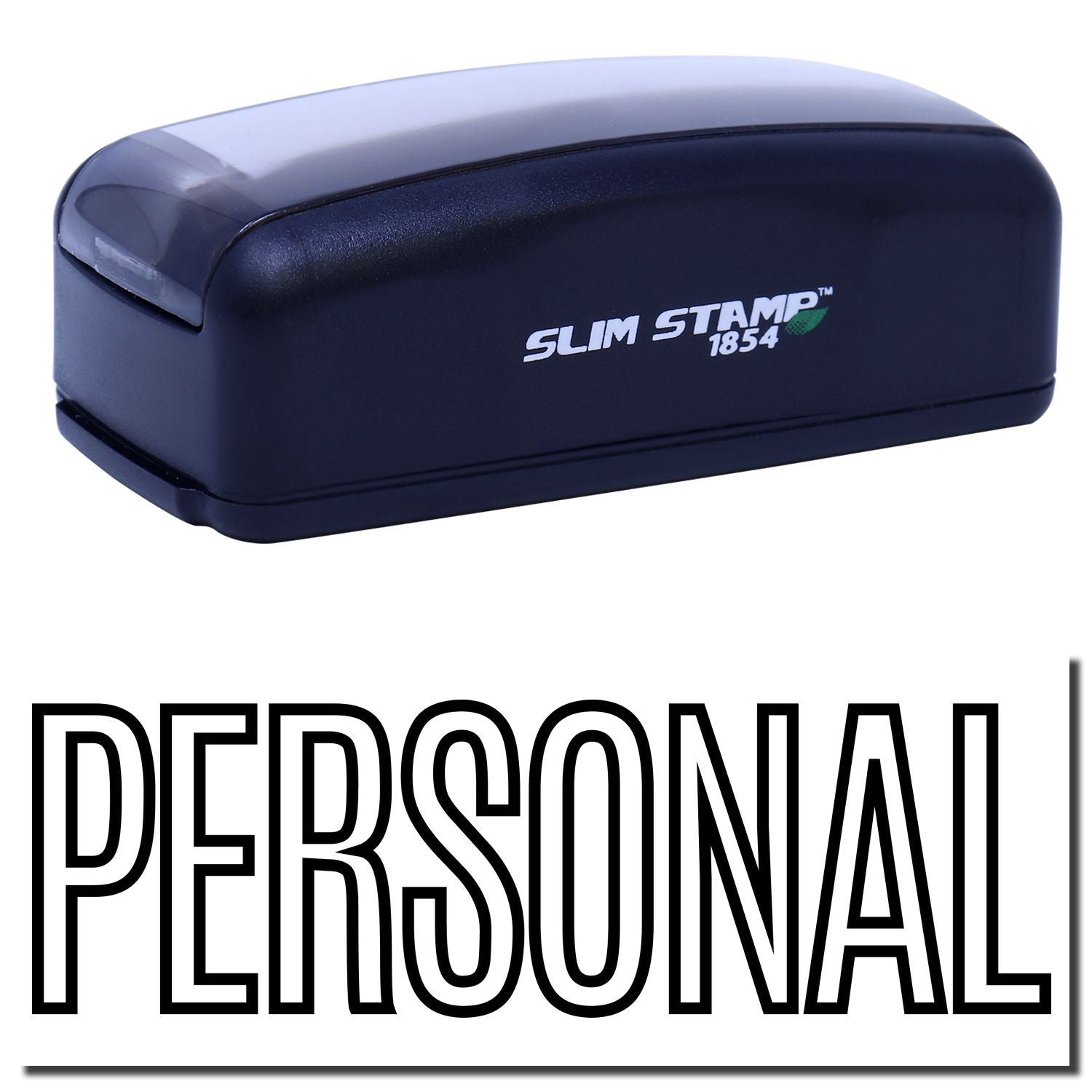 Slim Stamp 1854 personal self-inking stamp close-up, branded for office document labeling and quick marking.
