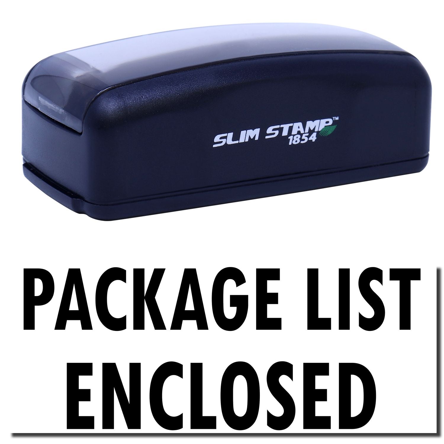 Slim Stamp 1854 self-inking stamp label showing package list enclosed for included order contents.