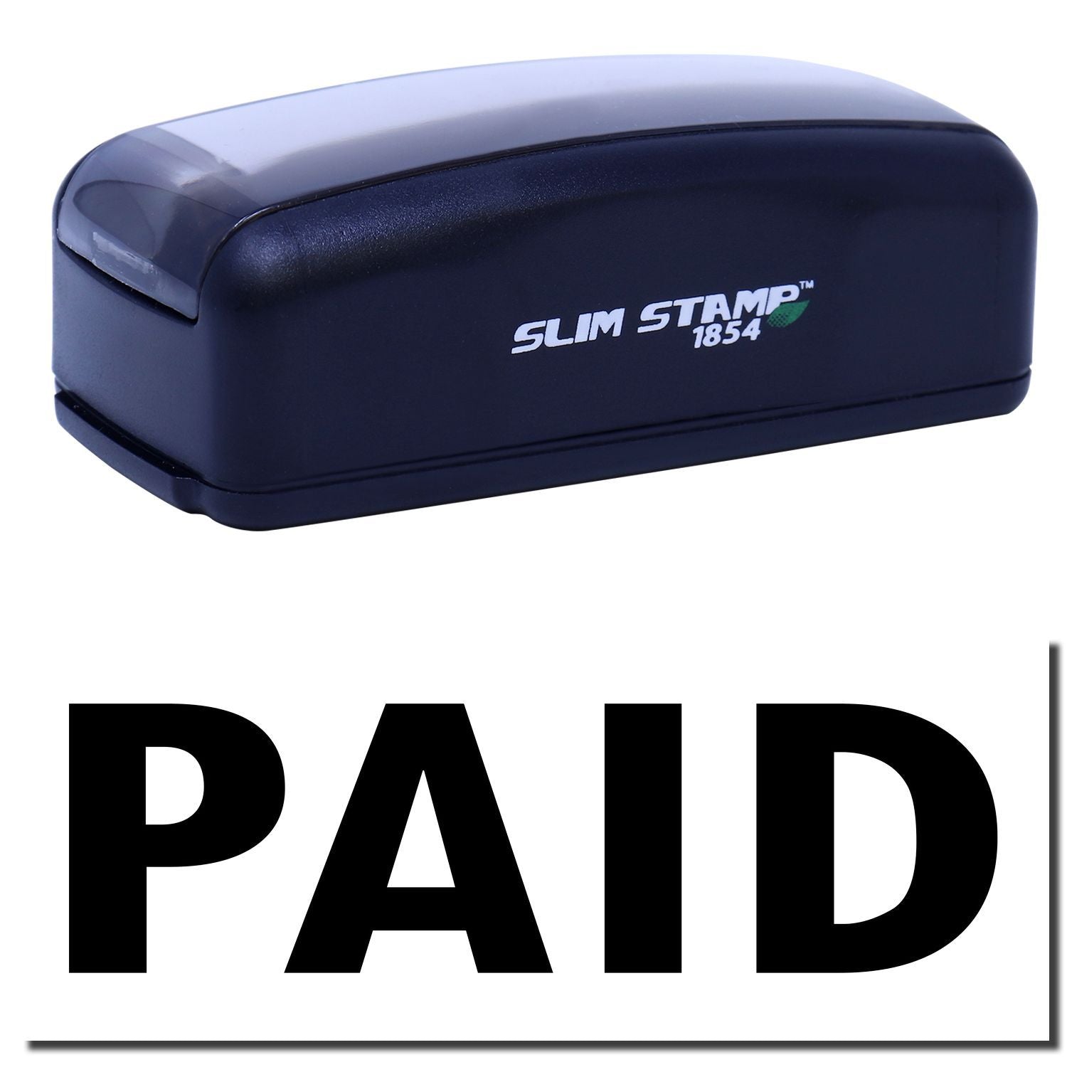 Slim Stamp 1854 PAID ink stamp for payment verification, close-up showing brand logo and stamp text.
