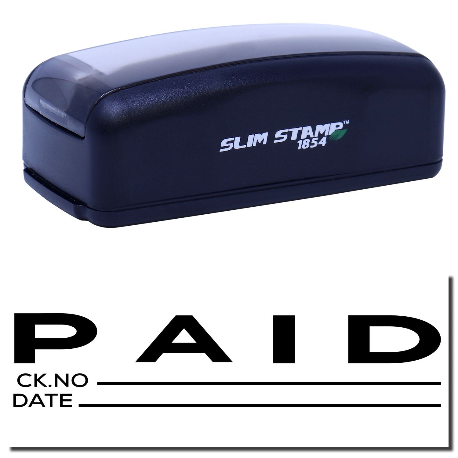Slim Stamp 1854 compact check payment stamp for fast stamping PAID status, check number (CK.NO) and date on invoices and ledgers.