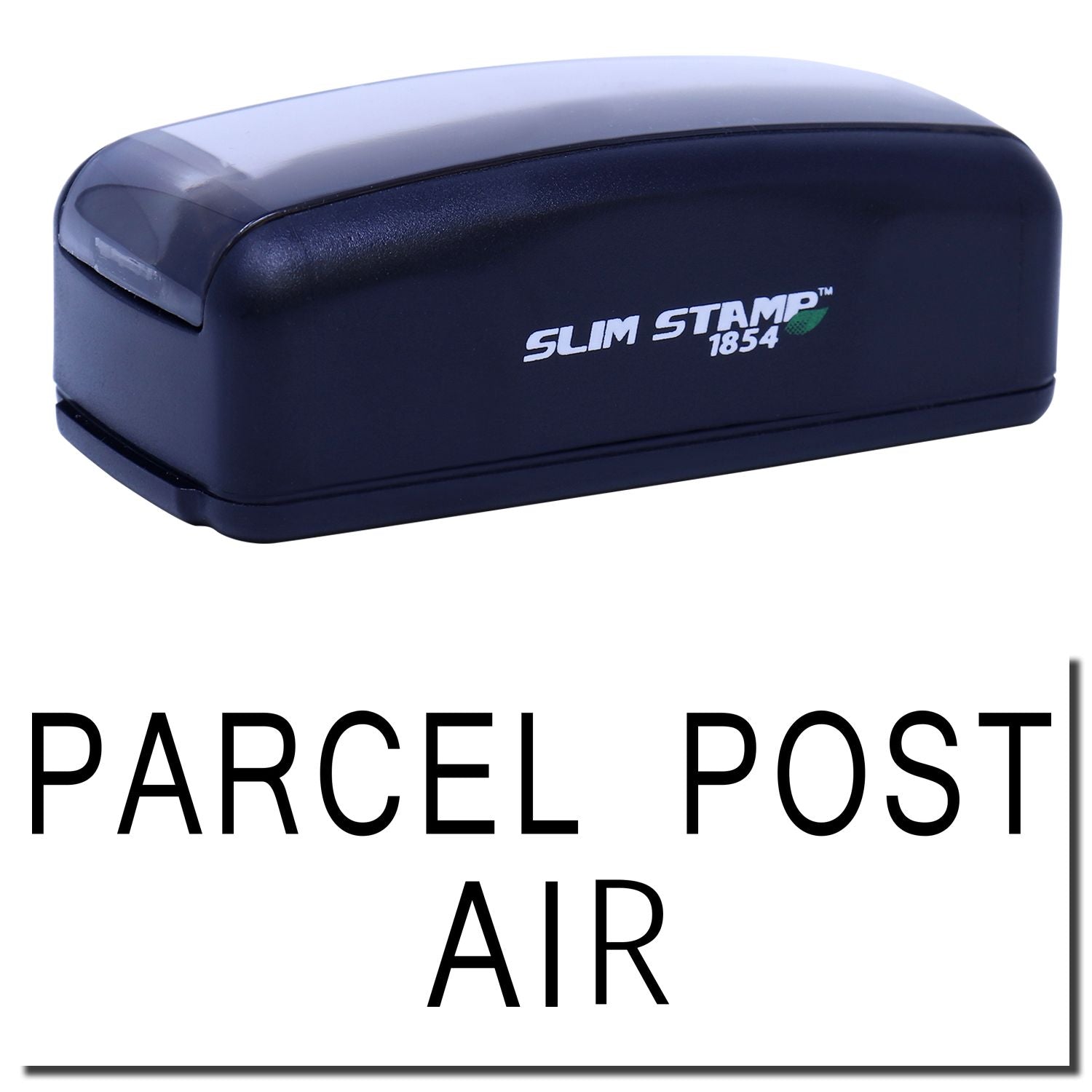 Slim Stamp 1854 parcel post air postage stamp imprint tool for mail and shipping labels, close-up branding on navy stamp device.