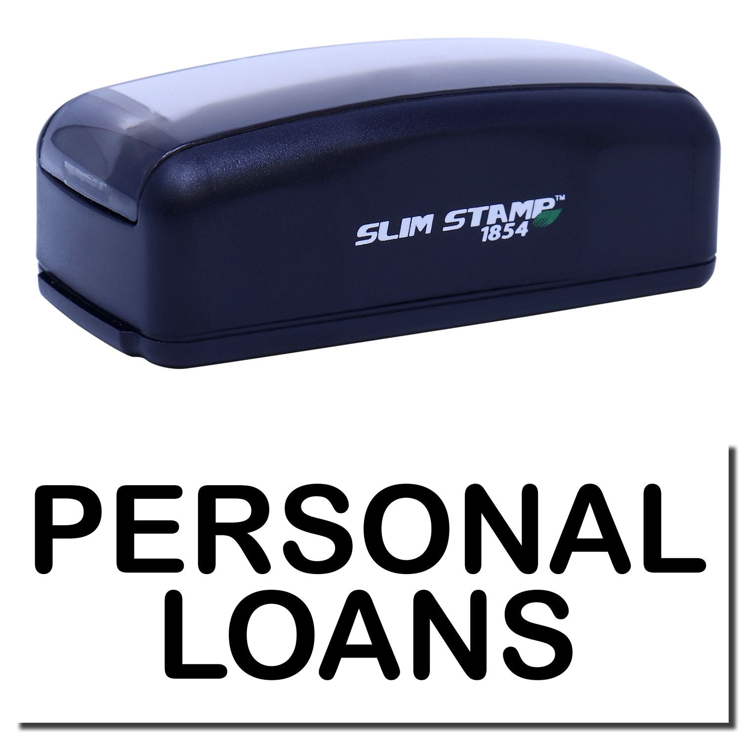 Slim Stamp 1854 self-inking stamp imprinting PERSONAL LOANS for quick document and marketing labeling.