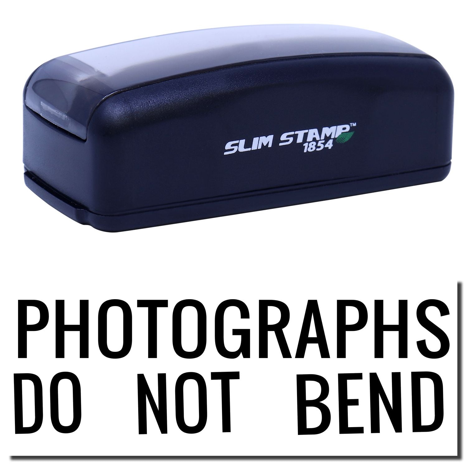 Slim Stamp 1854 compact stamp tool with Photographs do not bend warning text for safe shipping handling