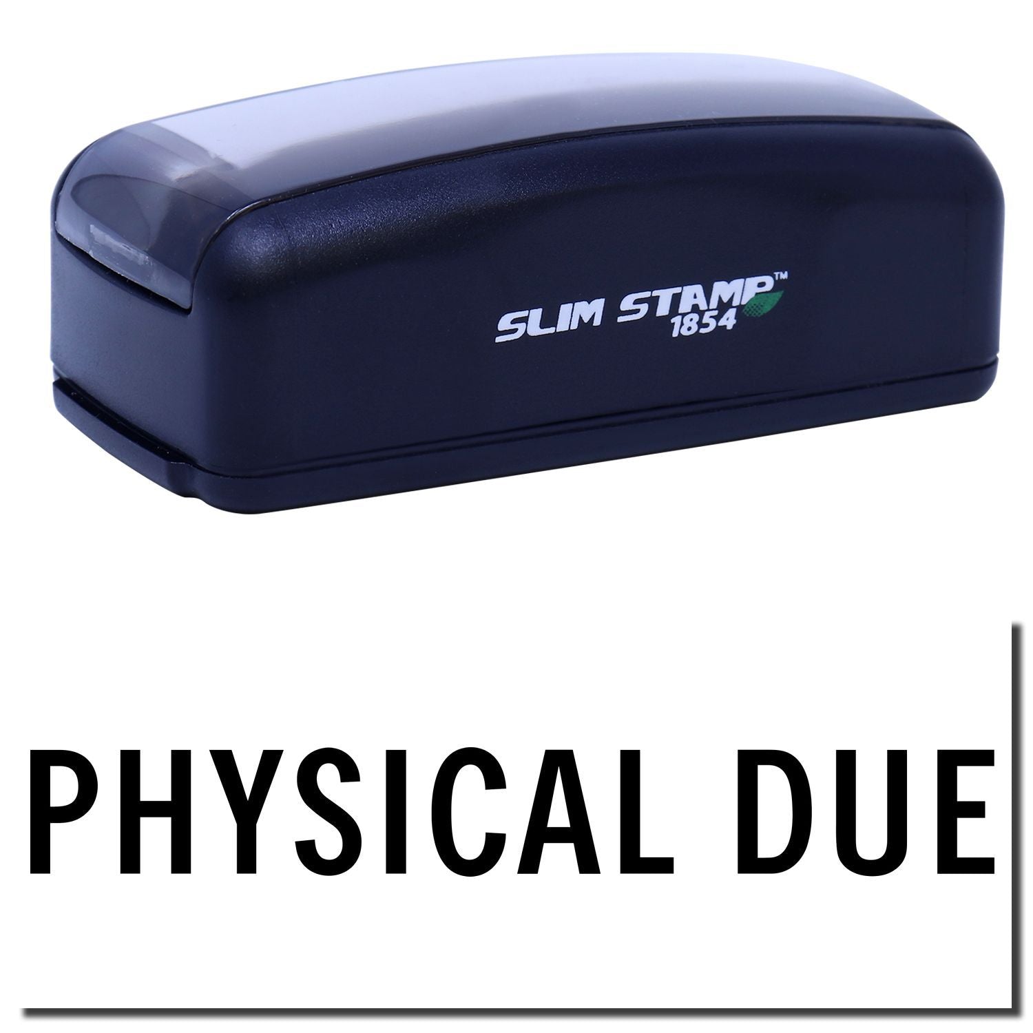 Slim Stamp 1854 compact stamp used to apply PHYSICAL DUE on invoices and documents, with product branding on white background.