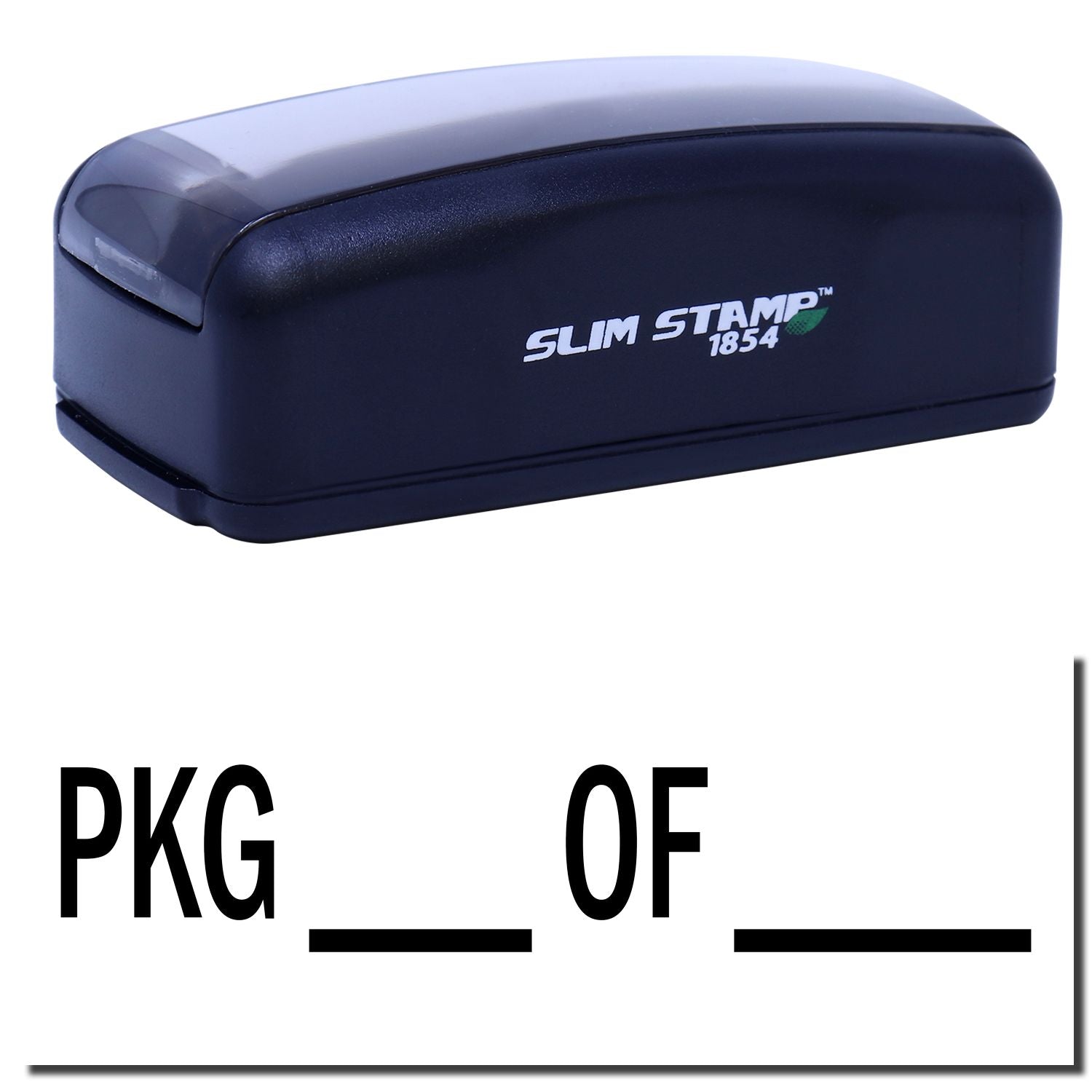 Slim Stamp 1854 compact desktop stamp, navy case with logo, shown on packaging label PKG OF