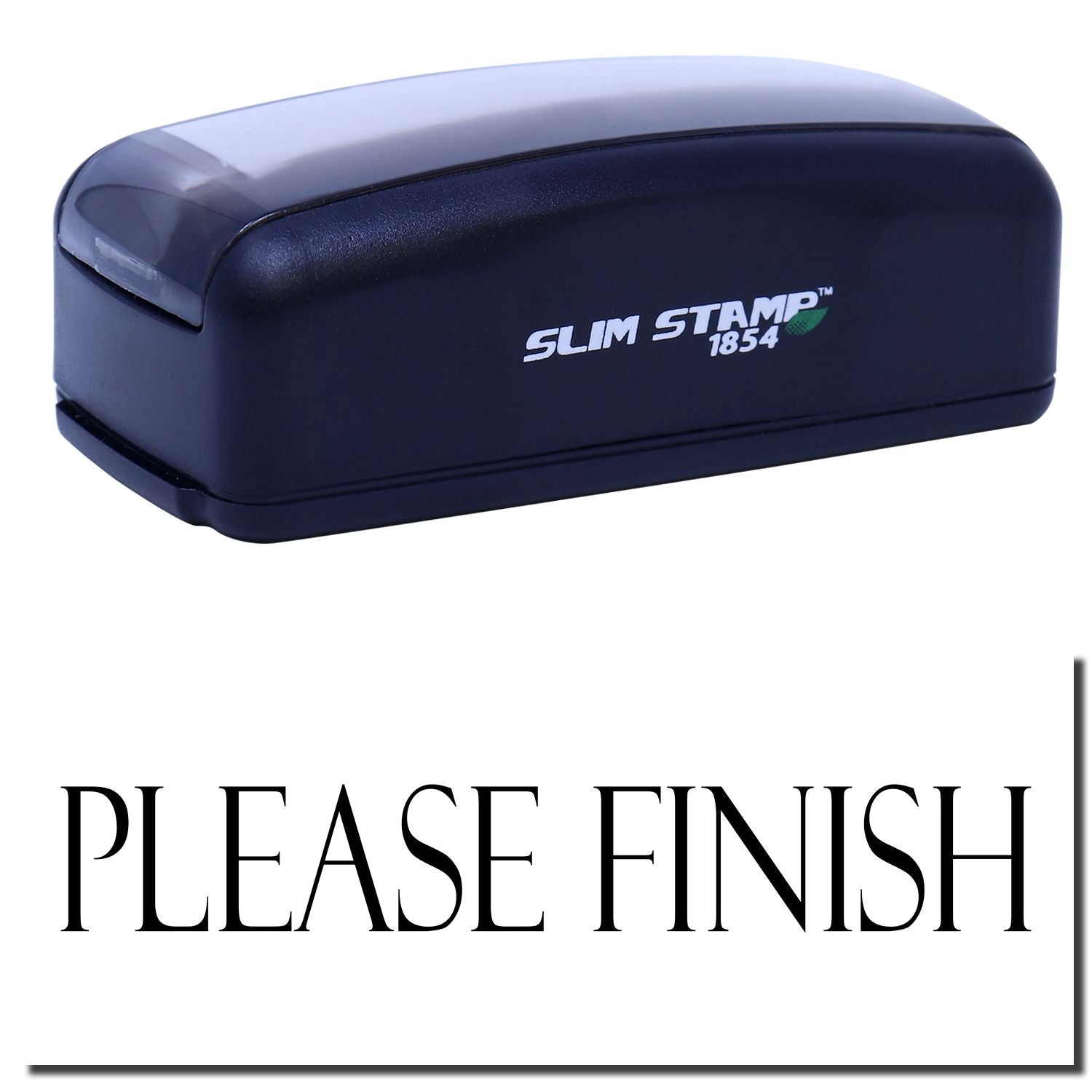 Slim Stamp 1854 self-inking branding stamp for office and documents, displaying Please Finish message on product packaging.