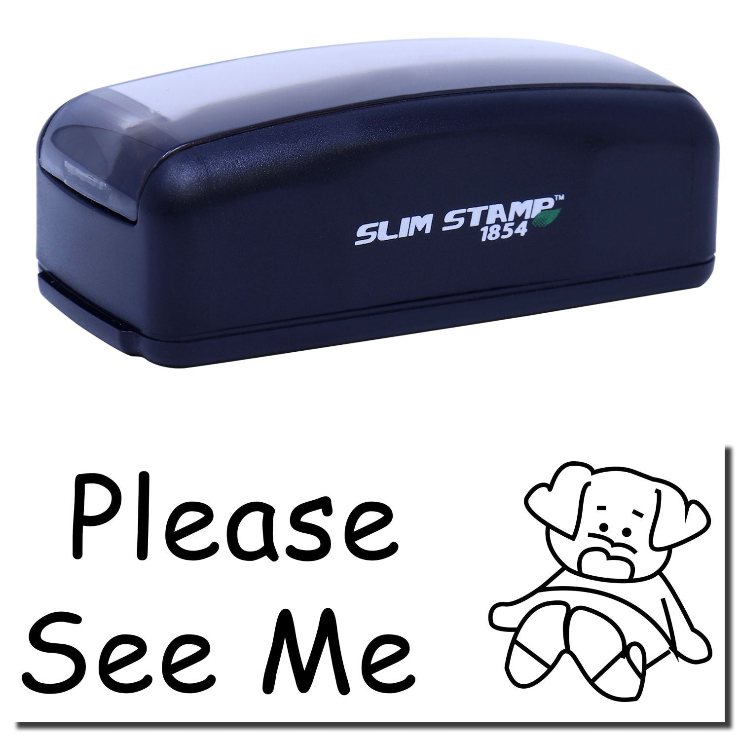 Slim Stamp 1854 marking stapler product image with Please See Me message, ideal for home or office stapling.