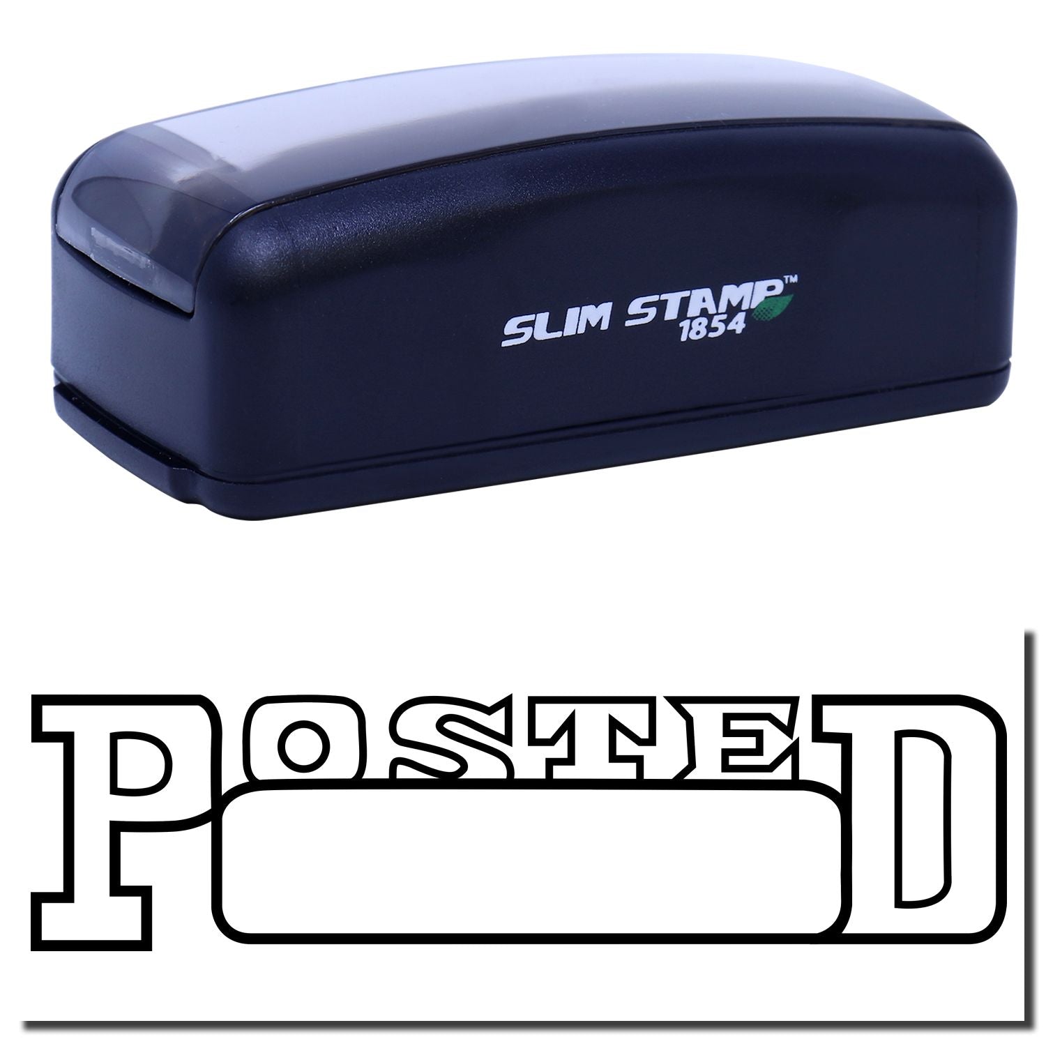 Slim Stamp 1854 desktop self-inking ink stamp for POS and document marking; shows navy Slim Stomp 1854 logo in product photo.