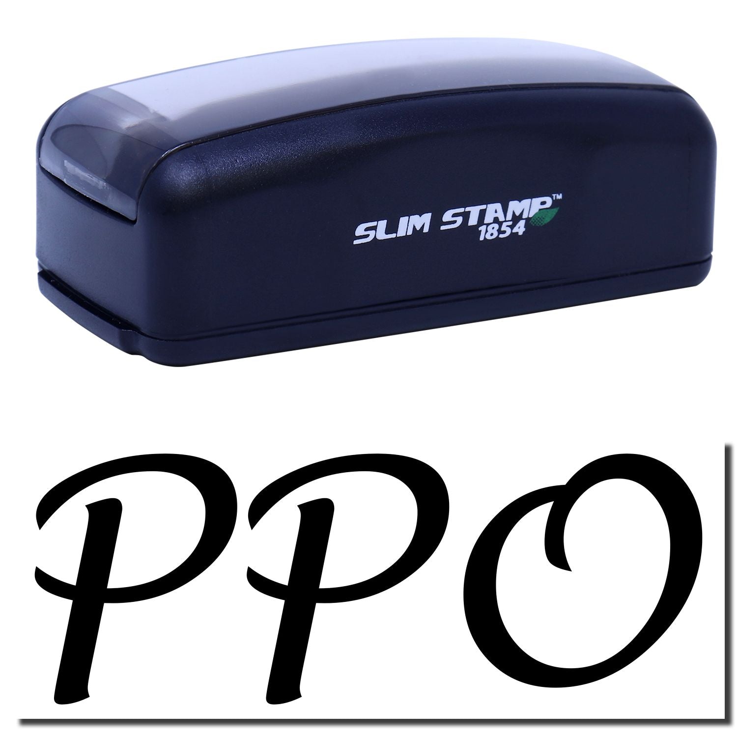 Slim Stamp 1854 self-inking stamp in navy case, labeled for office document marking and fast printing.
