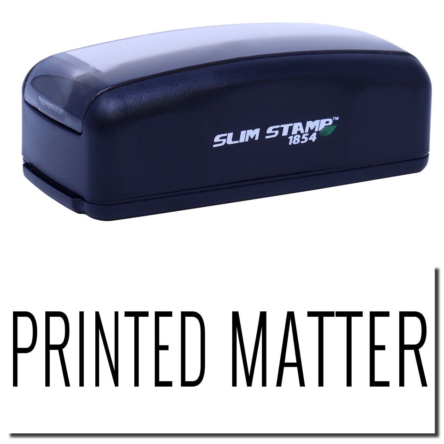 Slim Stamp 1854 self-inking date stamp for printed matter, ideal for shipping, document dating, and warehouse labeling quick ink stamping.