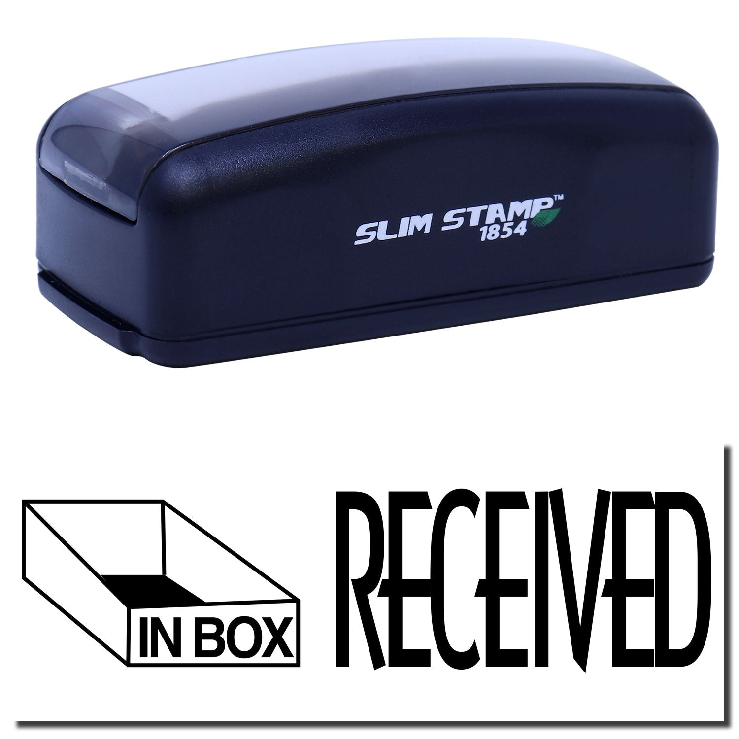 Slim STAMP 1854 ink stamp press with in box, received graphic, for clean professional document stamping