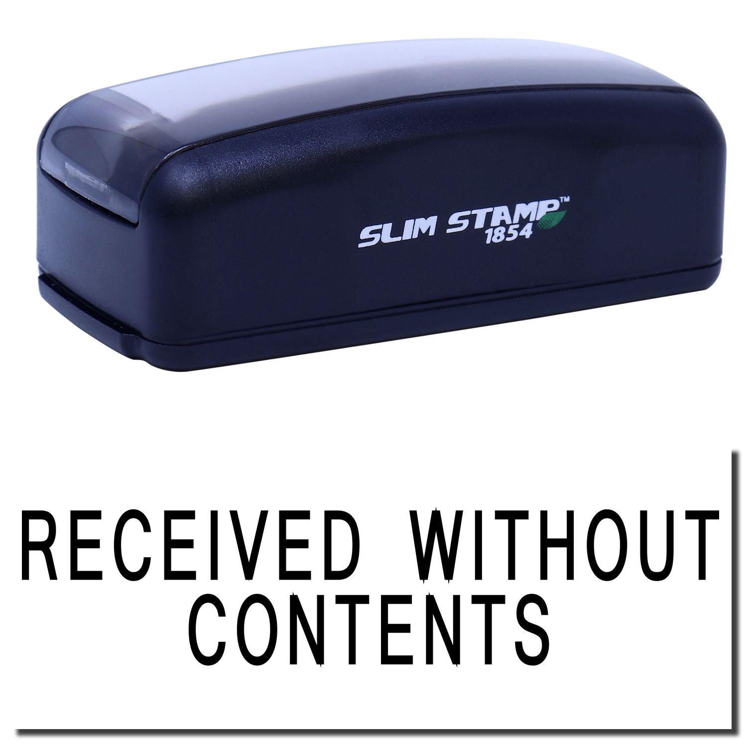 Slim Stamp 1854 case showing Received Without Contents message, indicating a shipment arrived without the item or stamp accessories.