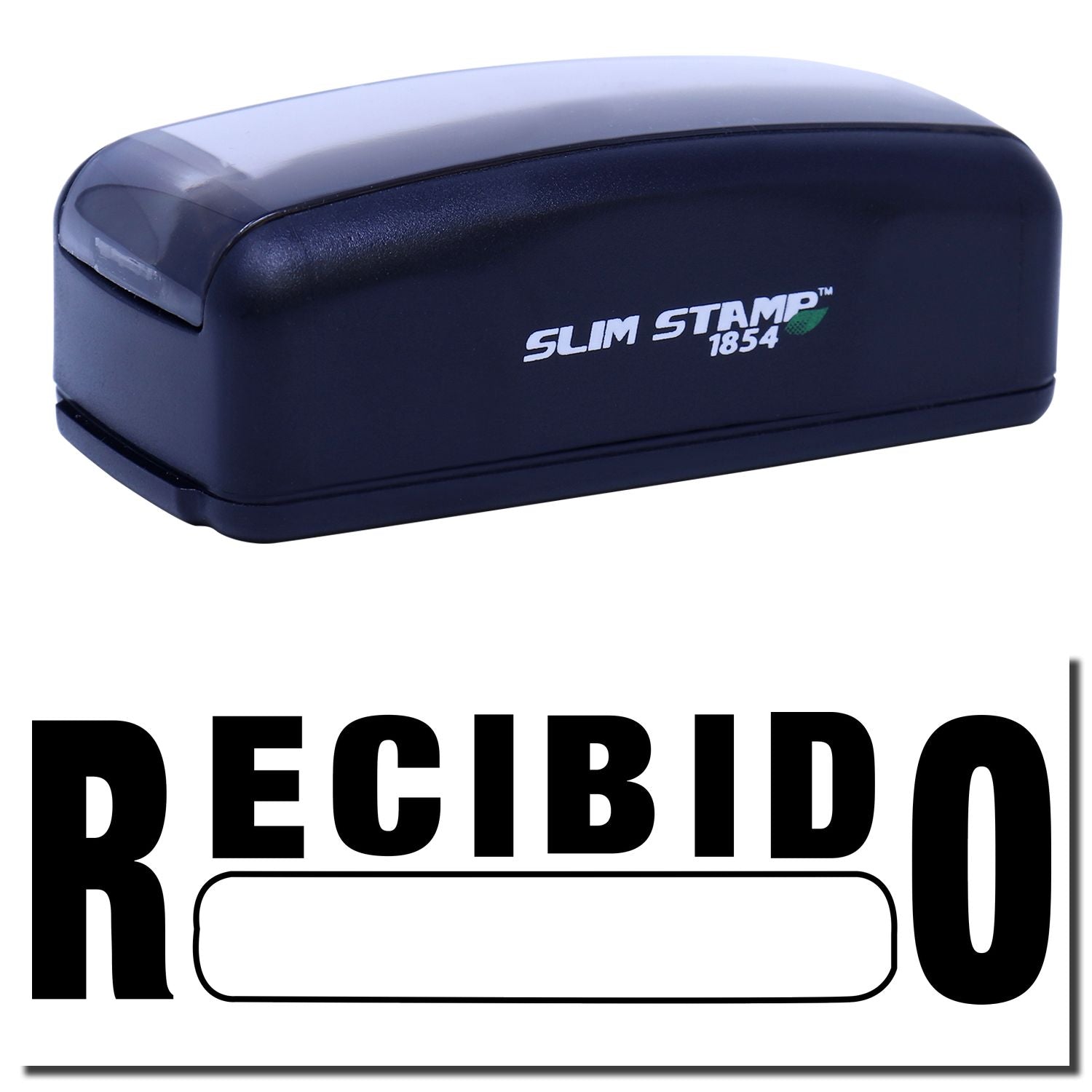 Slim Stamp 1854 self-inking date stamp with RECIBIDO text for proof of receipt and document marking, blue handheld design.
