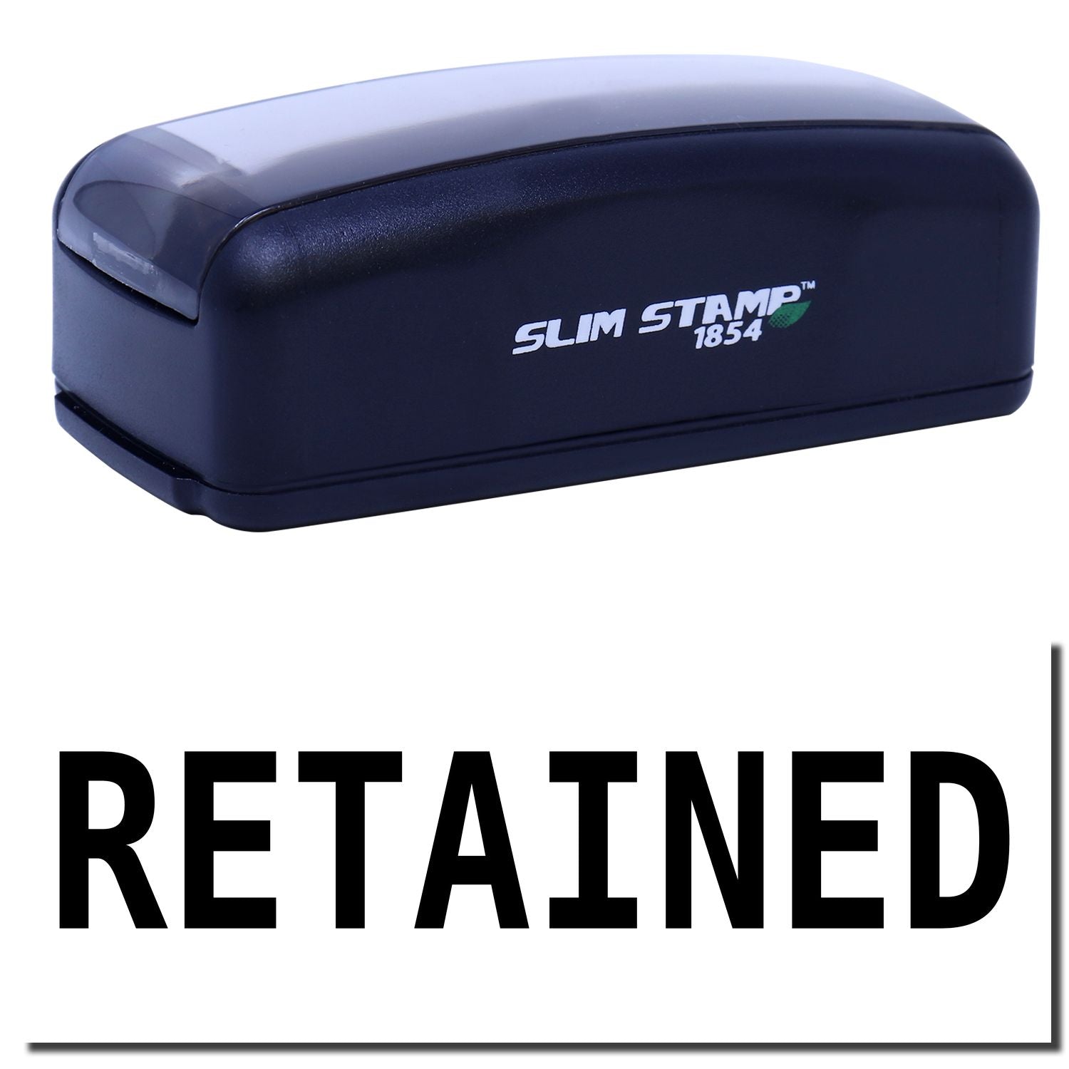 Slim Stamp 1854 self-inking date stamp for accurate document labeling and message printing, navy blue branded tool.
