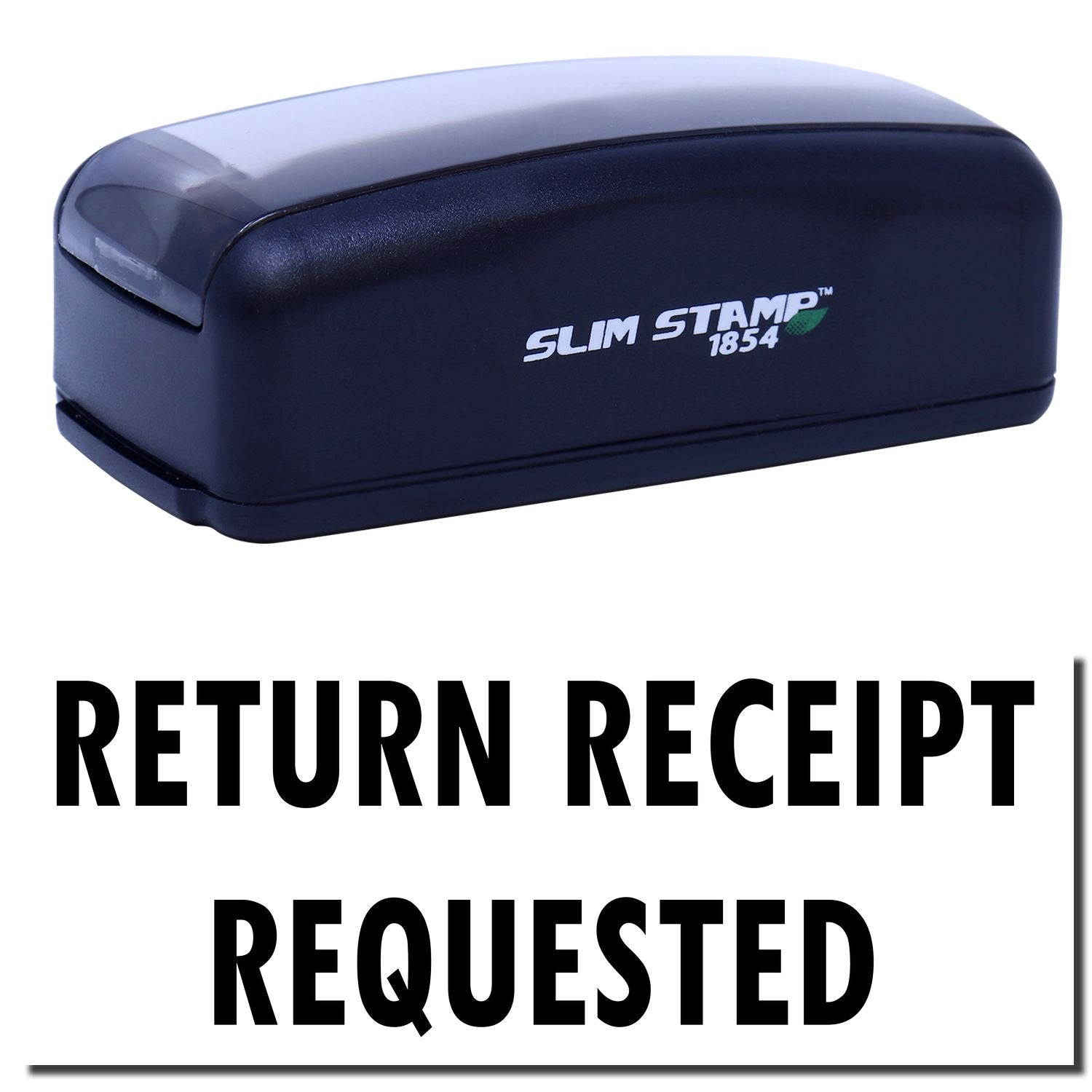 Slim Stamp 1854 preinked stamp reading Return Receipt Requested for certified mail and mailing document return tracking.