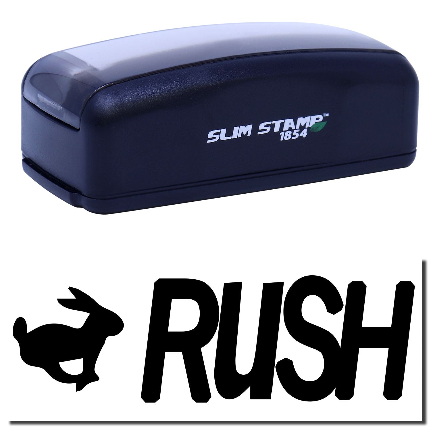 Slim STAMP 1854 compact self-inking date and label stamp with Rush branding, close-up product photo for quick identification today.