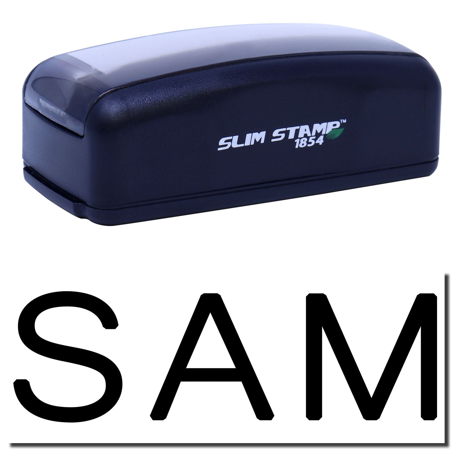 Slim Stamp 1854 self-inking stamp with brand logo, ideal for quick, crisp impressions on documents and labels.