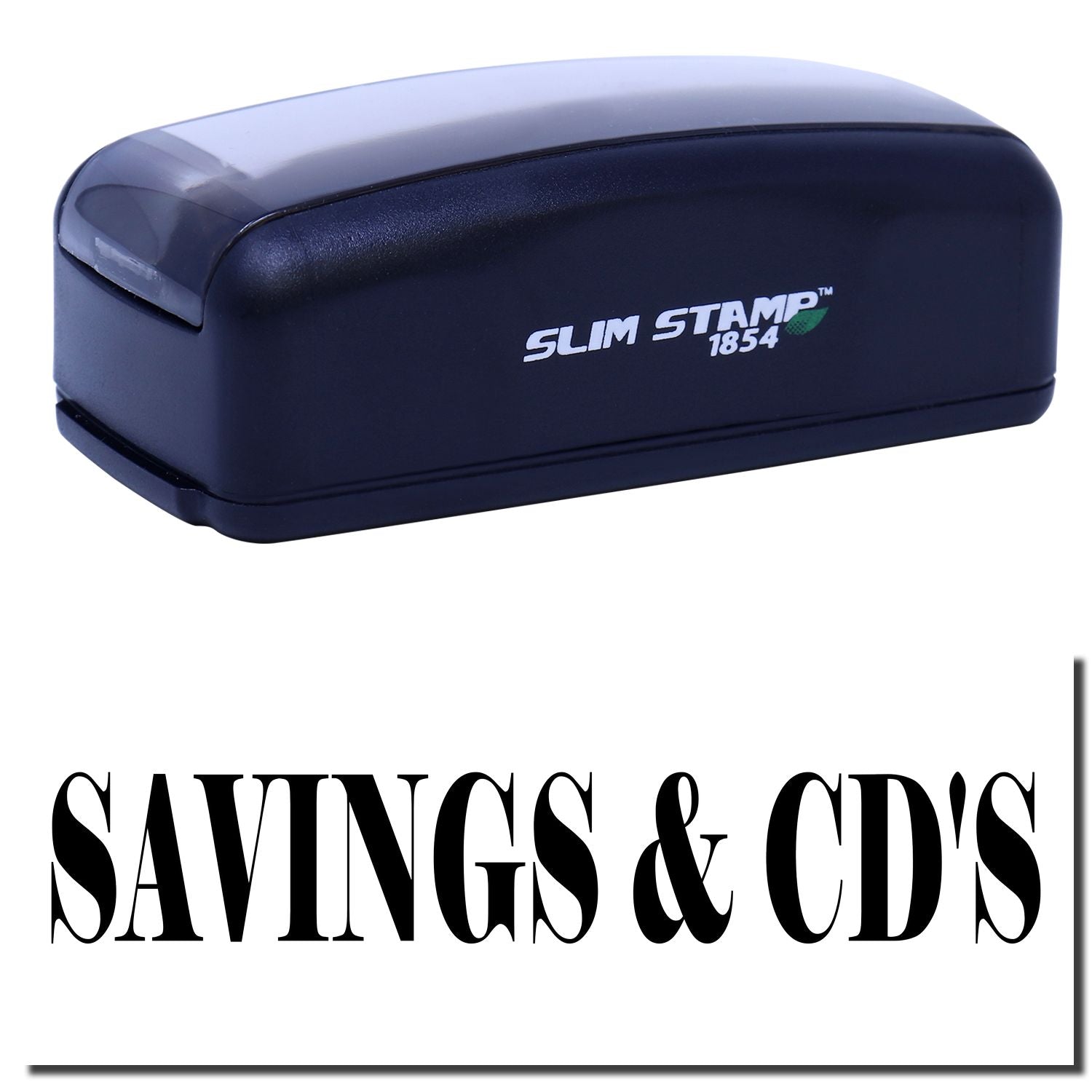 Slim Stamp 1854 self-inking stamp logo for promo, highlighting savings & CDs offer on product branding graphic
