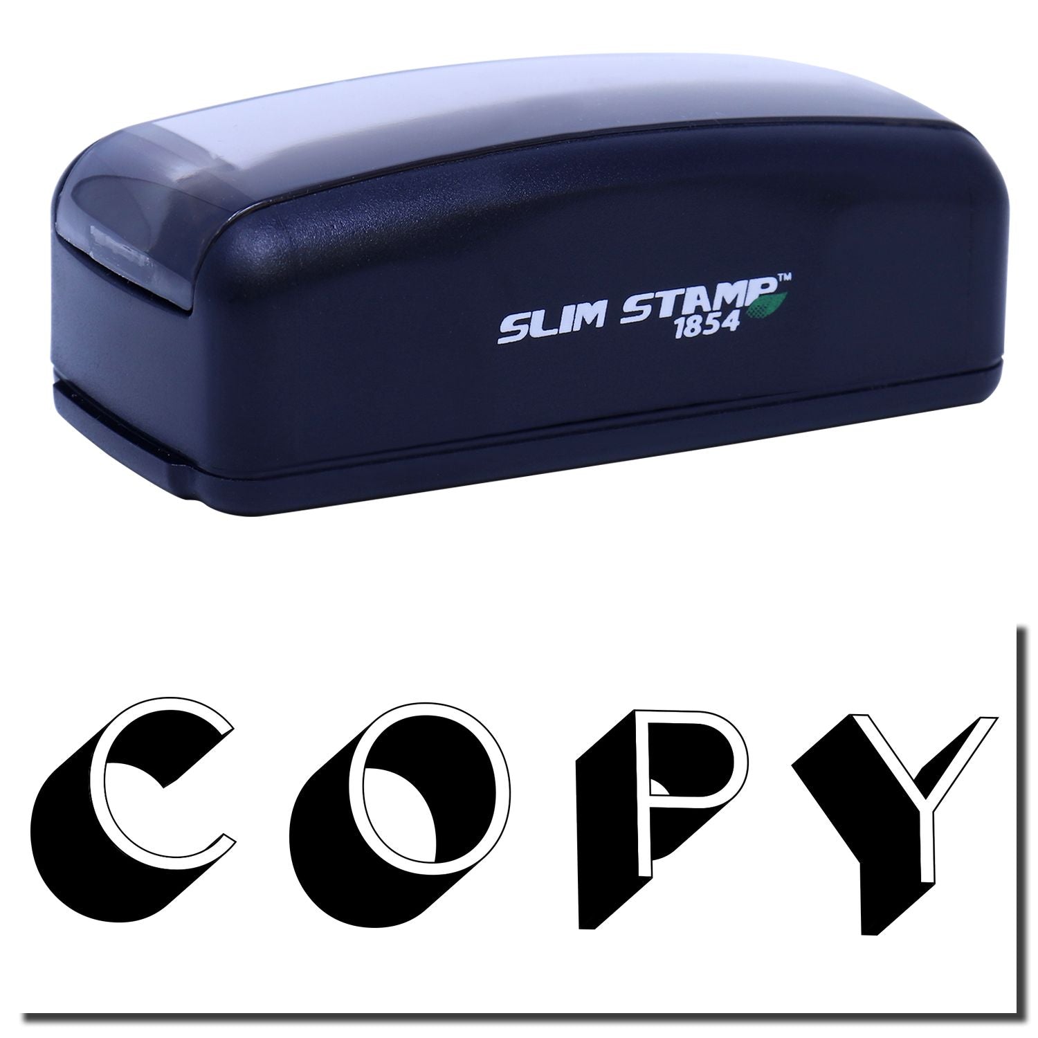 Slim Stamp 1854 ink stamp close-up with brand logo, used for quick, clean document marking and DIY labeling.