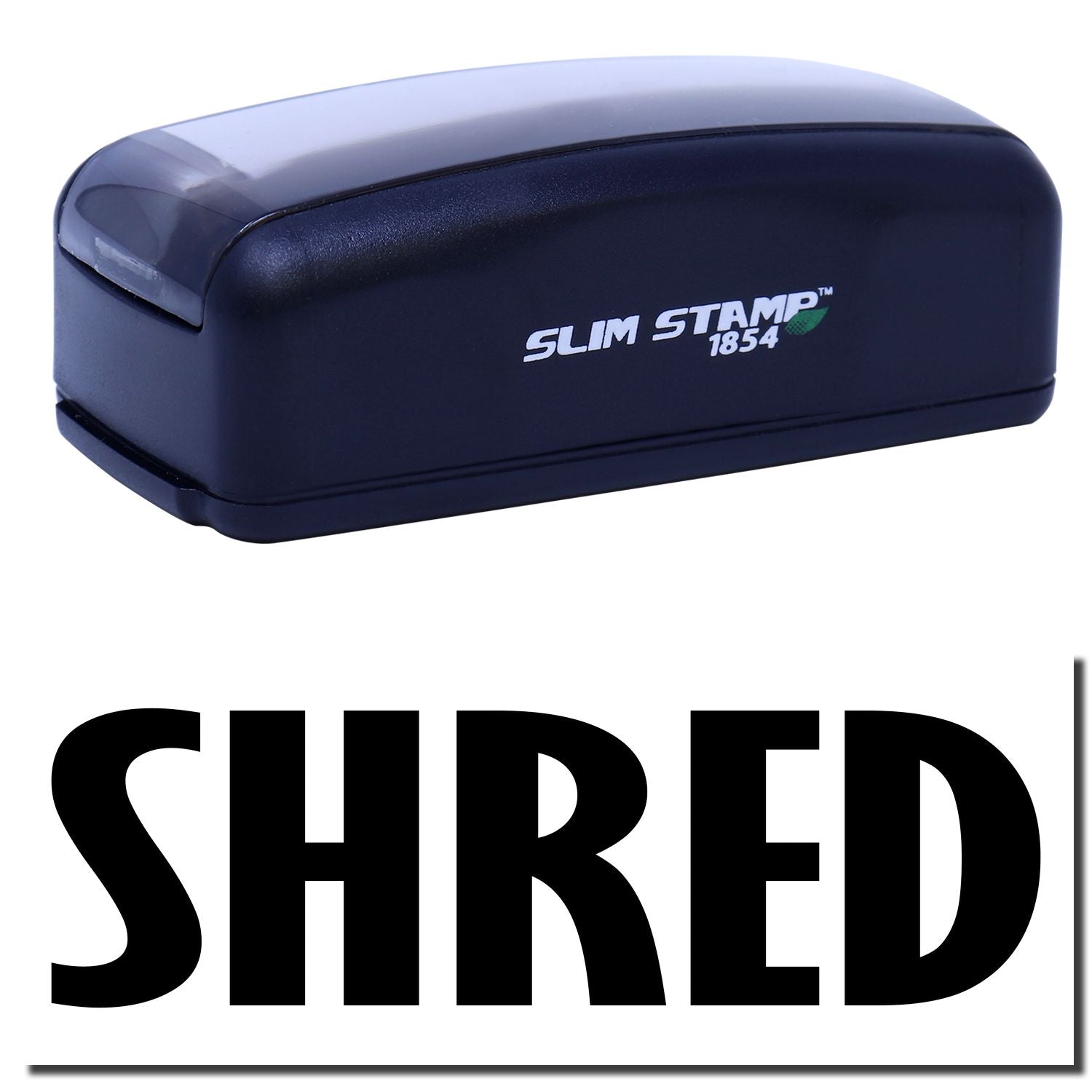 Slim Stamp 1854 ink stamp branding tool, shown in navyclose-up product image for quick office labeling and document marking.