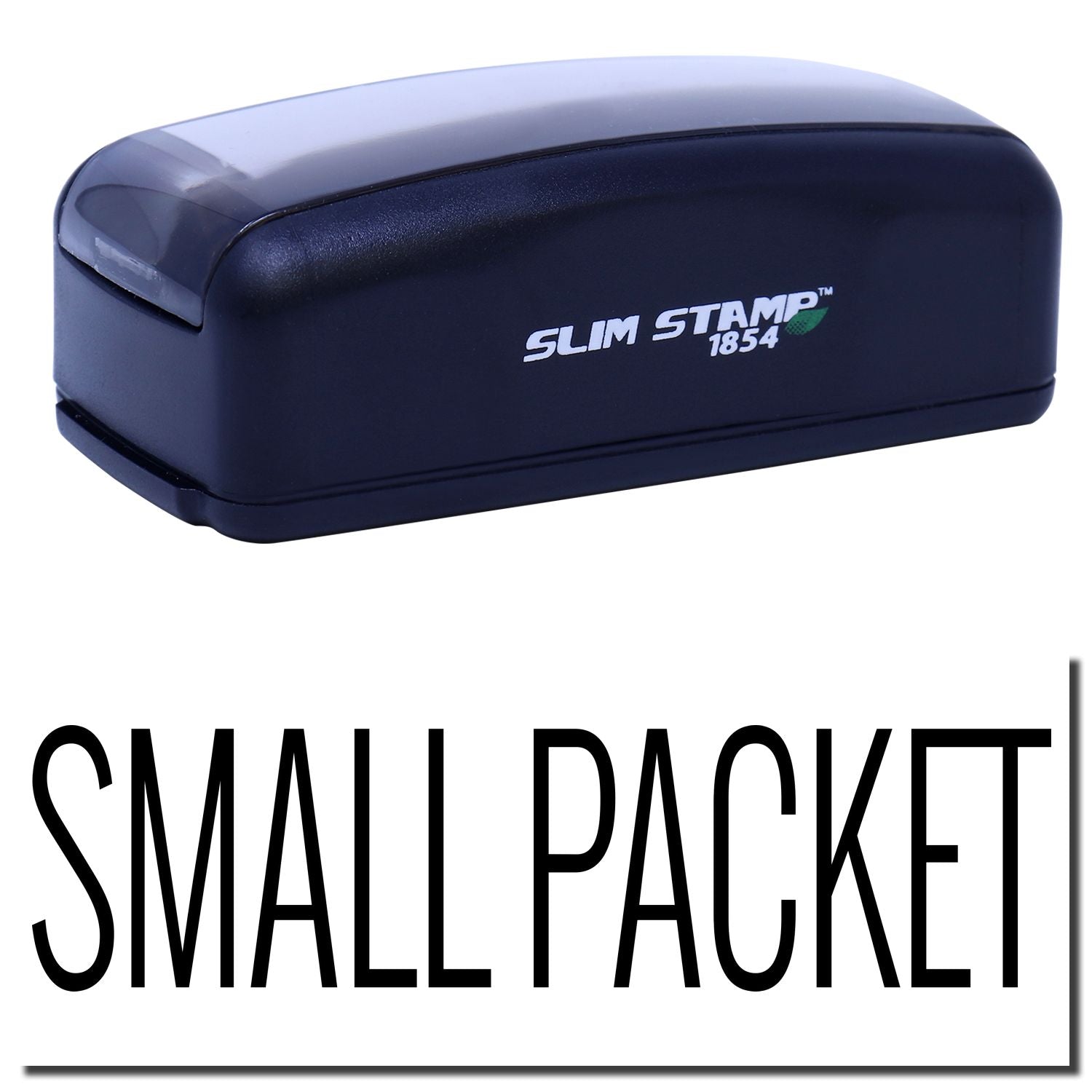 Slim Stamp 1854 self-inking stamp by Mail Packet brand, compact shipping label stamp with product logo for quick marking and dates.