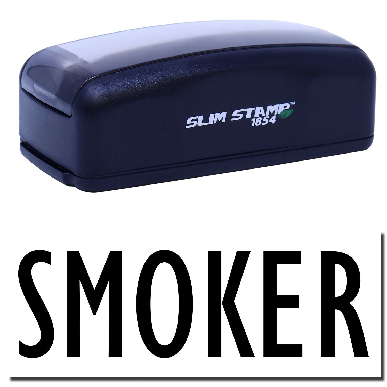 Slim Stamp 1854 desktop stapler for office use, compact navy blue stapling tool with brand logo