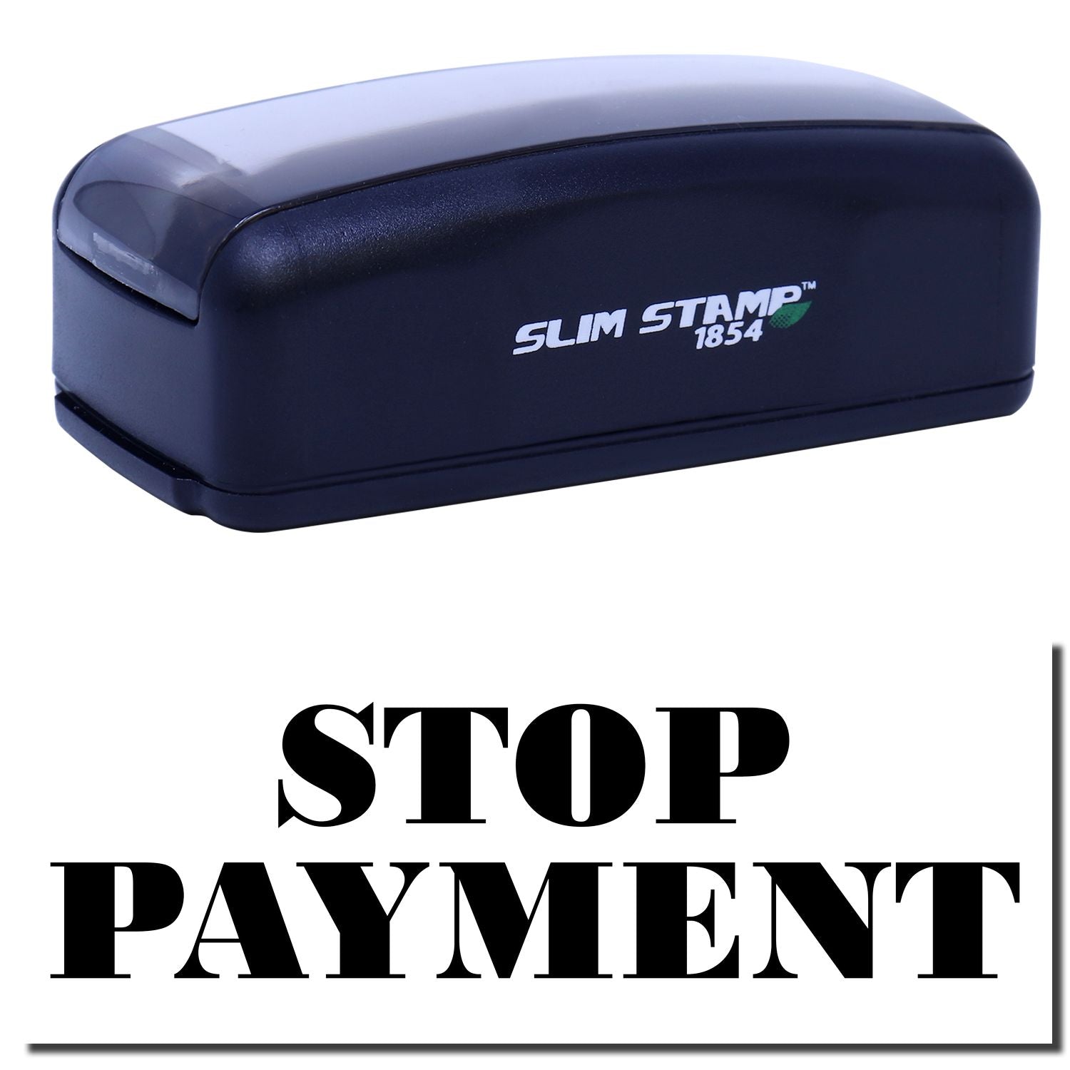 Slim Stamp 1854 stop payment stamp for checksproduct image with logo and Stop Payment branding.