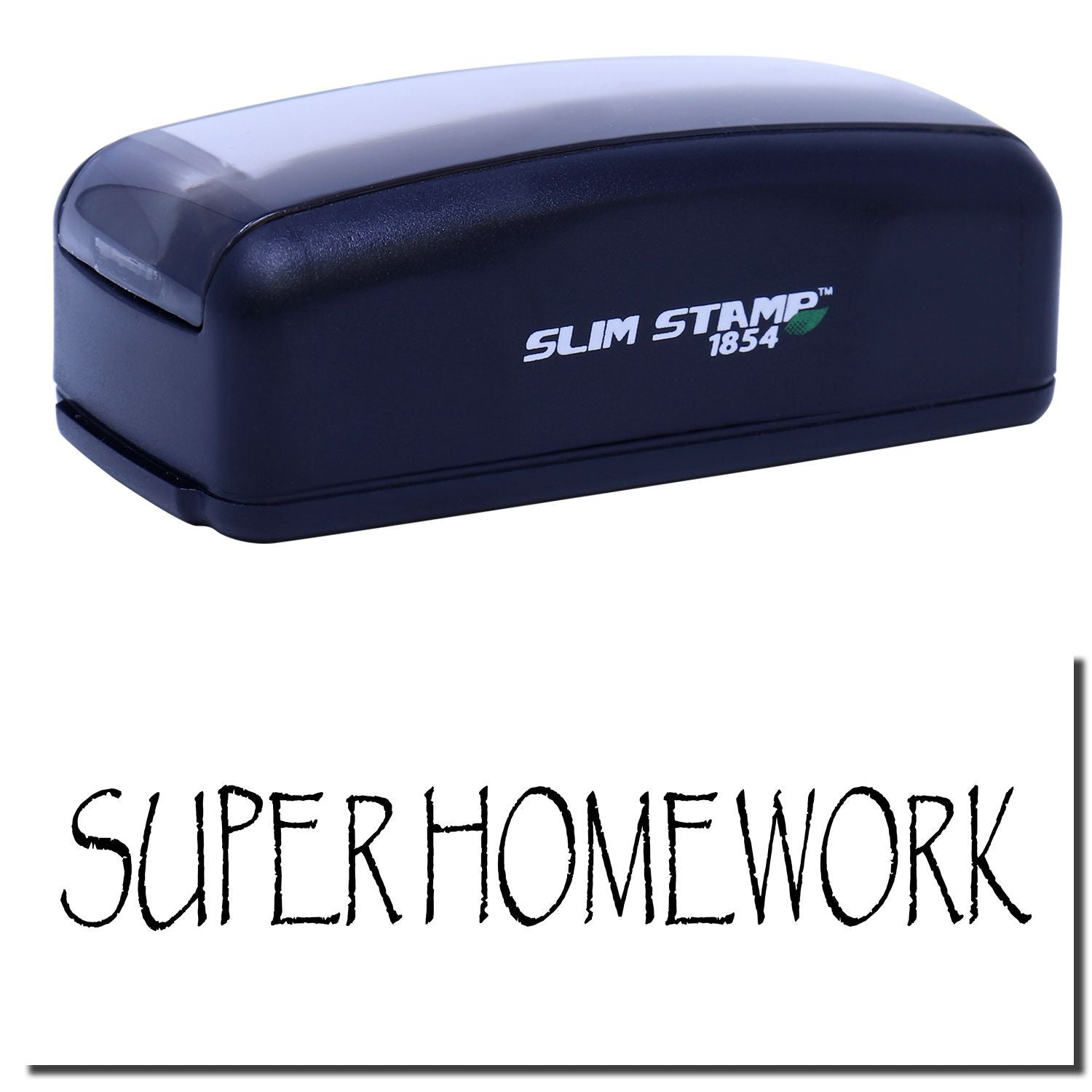 Slim Stamp 1854 self-inking date and label stamp for home or office, navy blue.