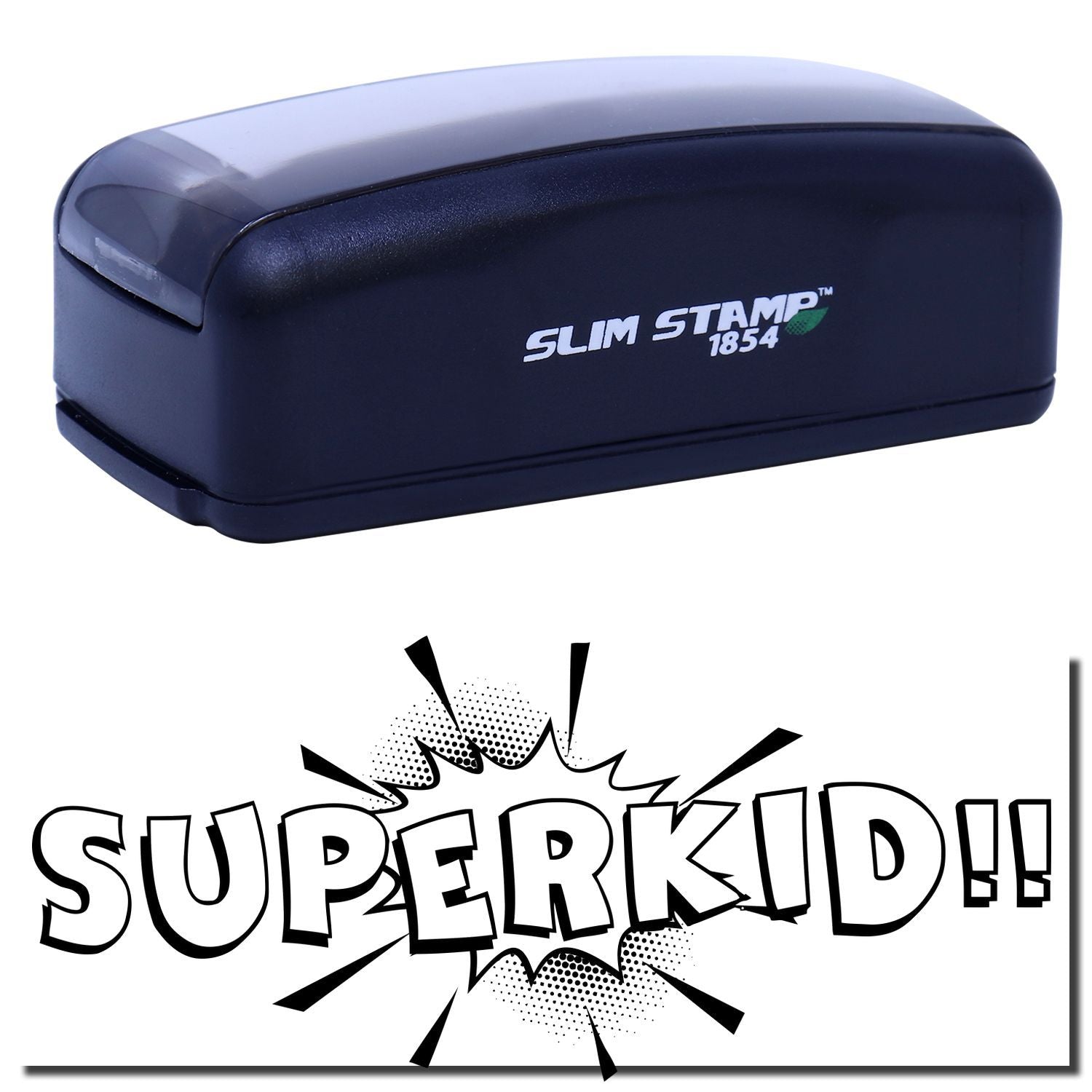 Slim Stamp 1854 self-inking stamp with comic-style impact graphic, highlighting fast stamping and bold imprint results.
