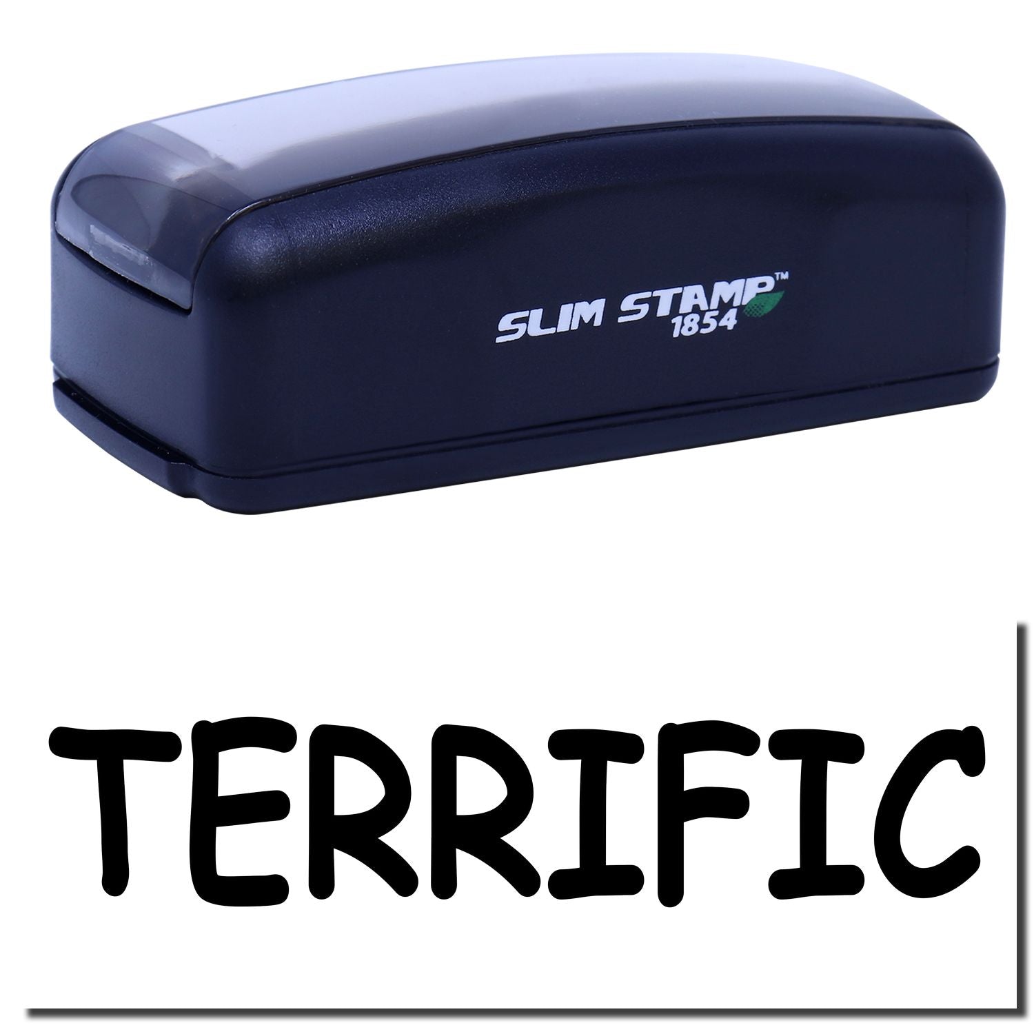 Product photo of Slim STAMP 1854 ink stamp, compact self-inking stamp for labeling and branding on paper and documents.