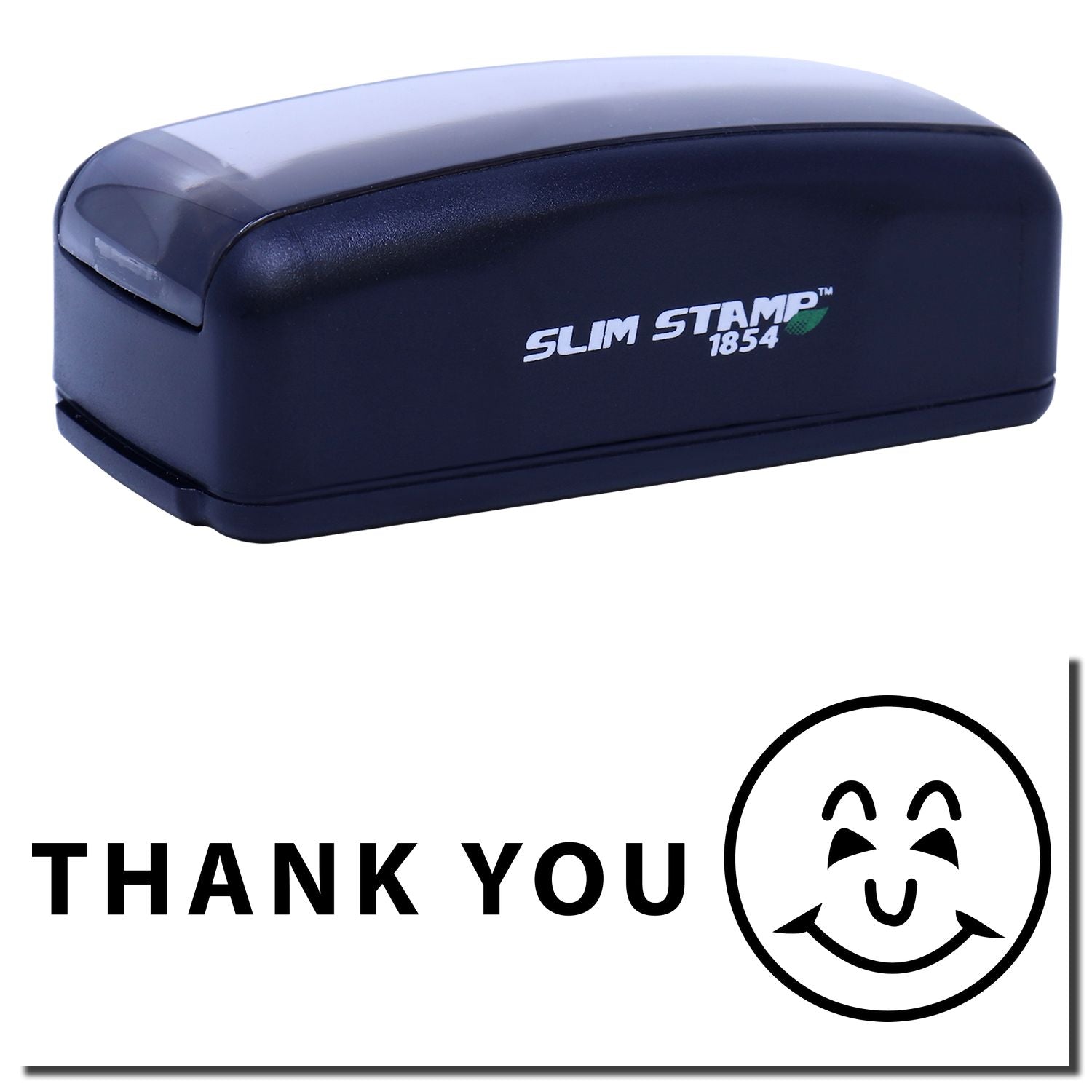 Slim Stamp 1854 ink stamp for 'Thank You' messages with smiley mark, ideal for packaging, envelopes, and small business branding.