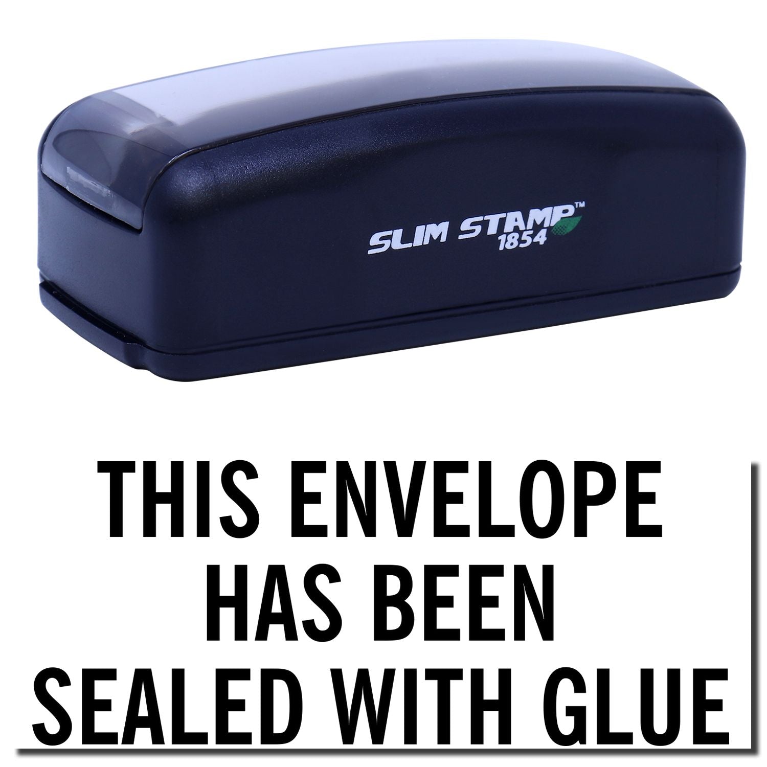 Slim Stamp 1854 envelope sealer showing glue-sealed notice: This envelope has been sealed with glue.