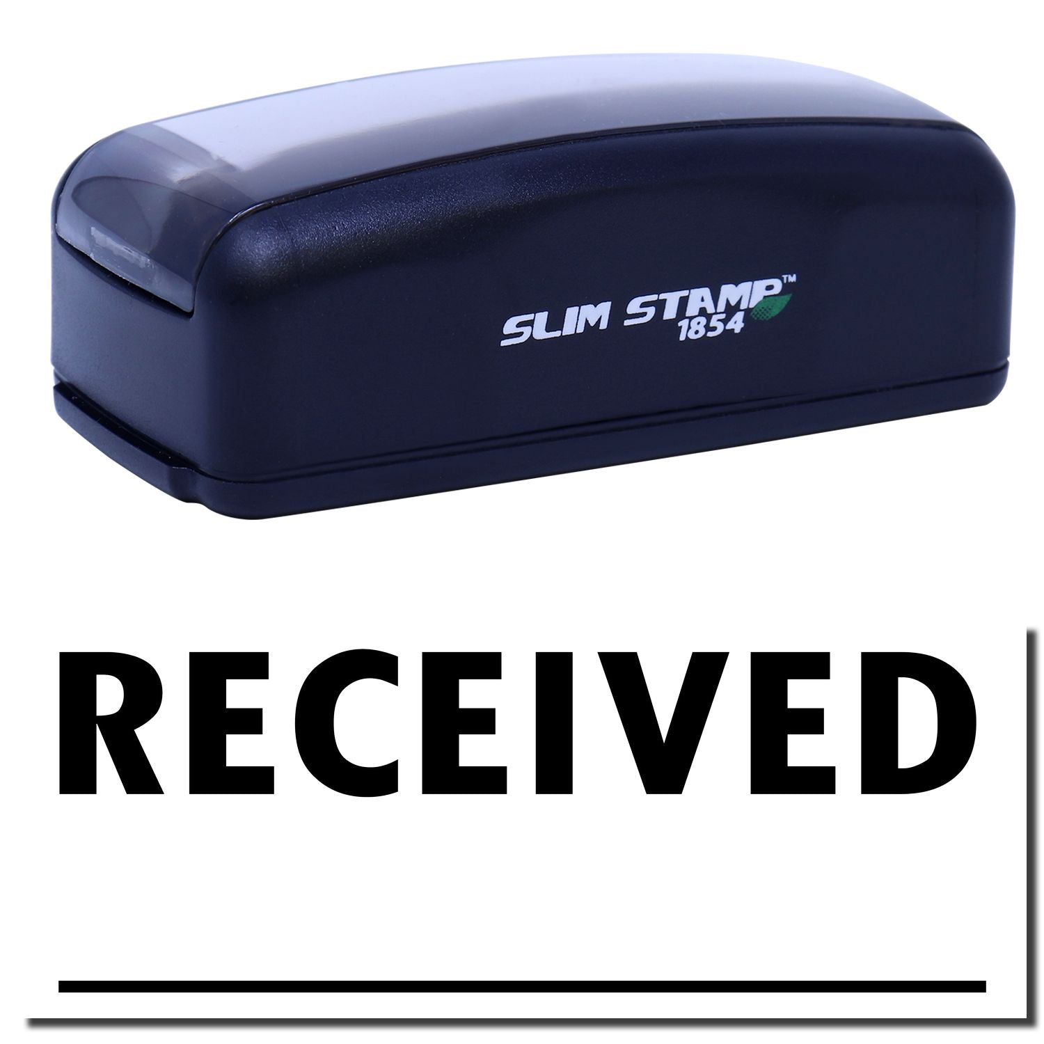 Slim Stamp 1854 self-inking stamp with RECEIVED text, used in office to mark and track incoming mail.