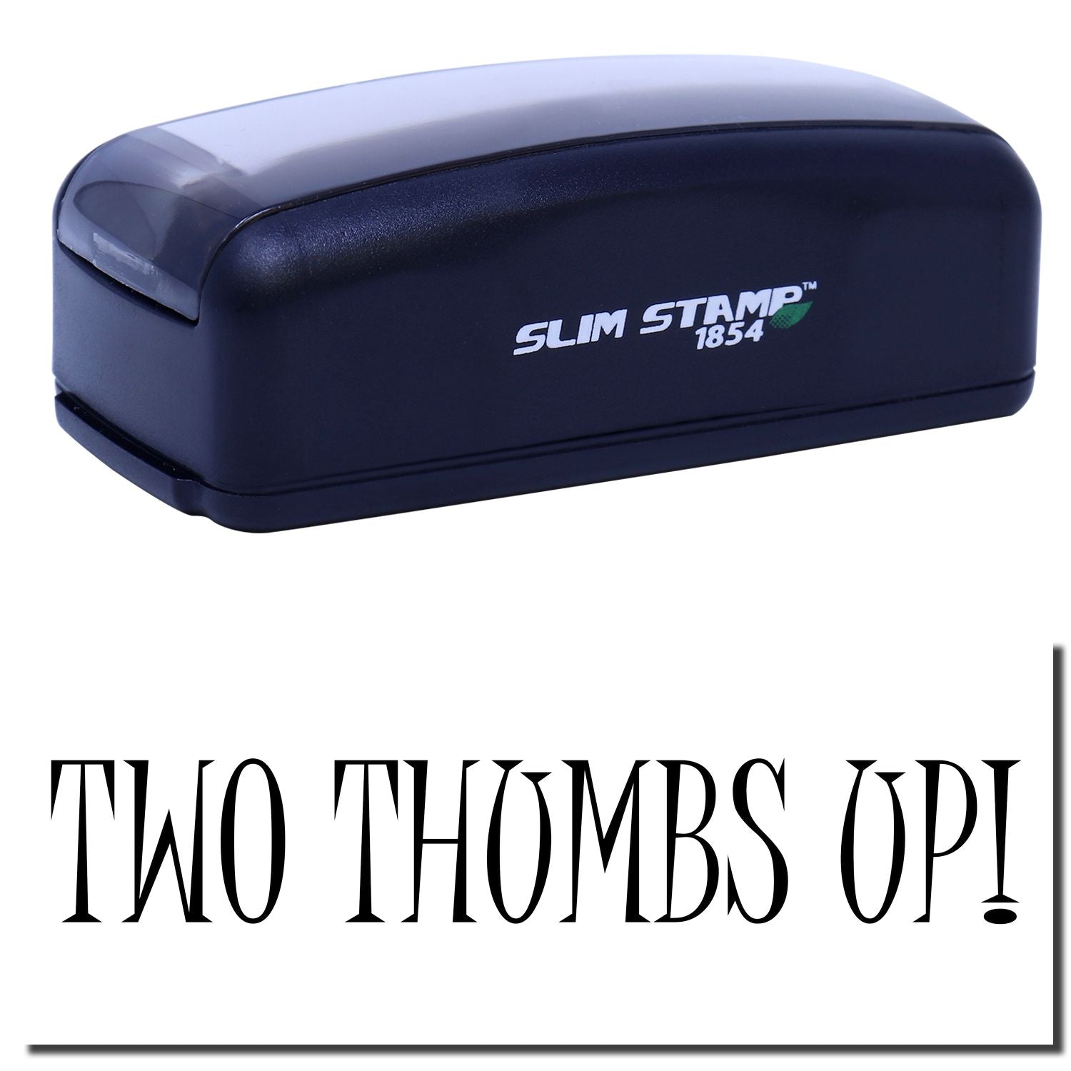 Slim Stamp 1854 navy self-inking stamp with Two Thumbs Up! brandingpromotes quick, reliable marking for mailing labels.