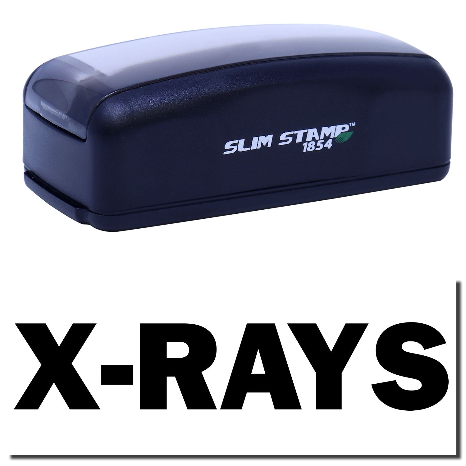 Slim STAMP 1854 self-inking stamp case with X-RAYS branding, used for quick office document marking.