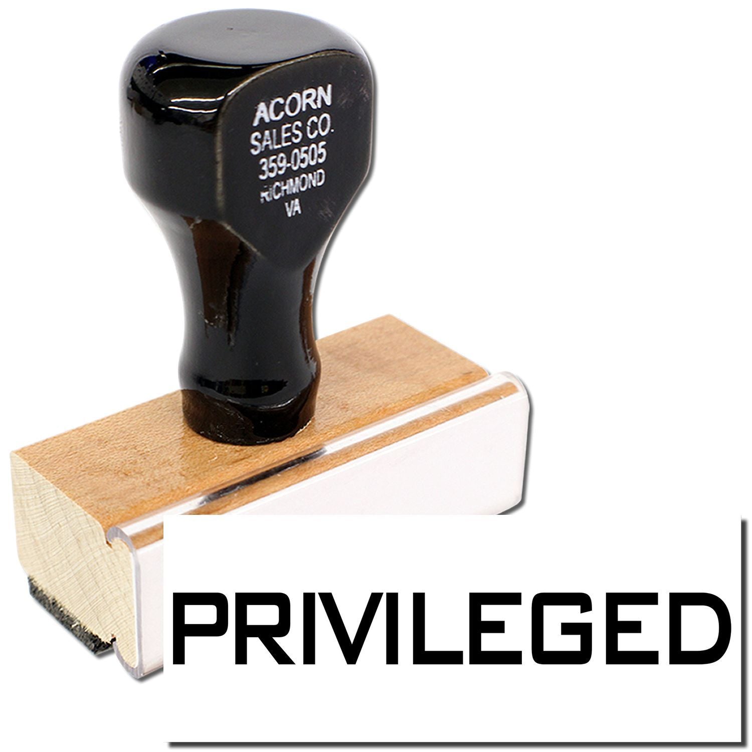 Acorn Sales Co. branded black product head on wooden block with PRM LEGED logopromotional item close-up.