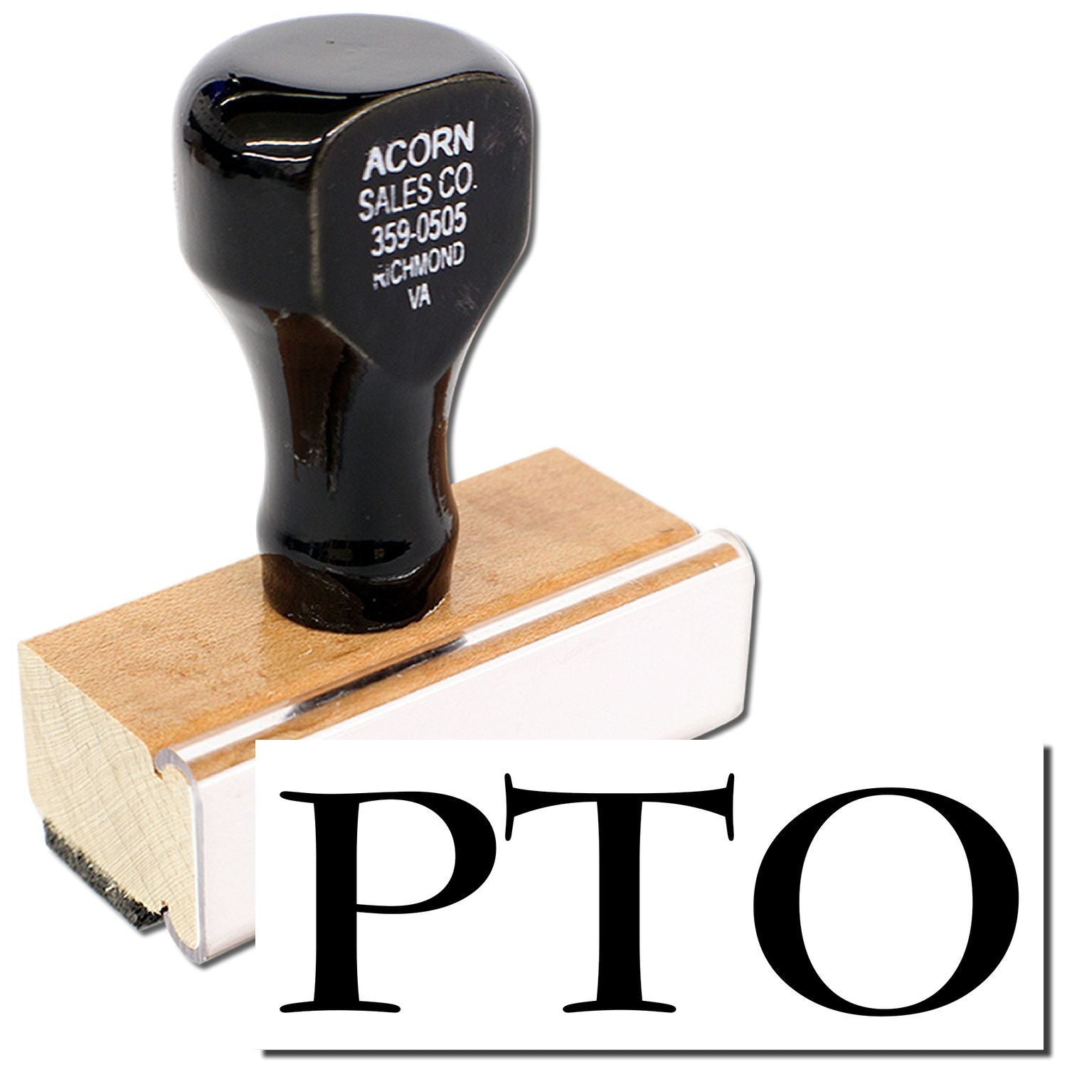 Black rubber stamp on wooden base showing Acorn Sales Co contact info, Richmond VA, for document marking