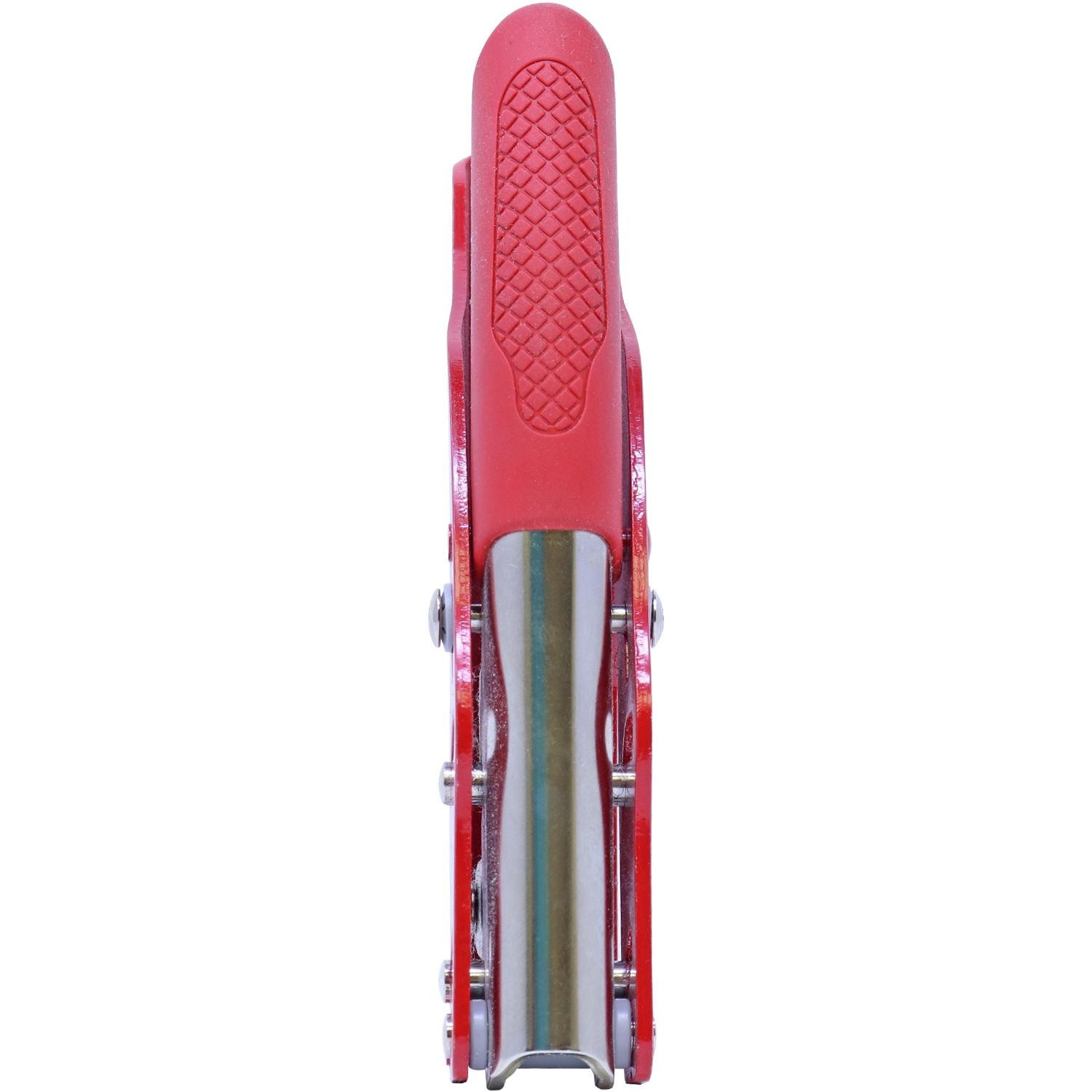 Red folding pocket knife multi-tool, side view isolated on white background