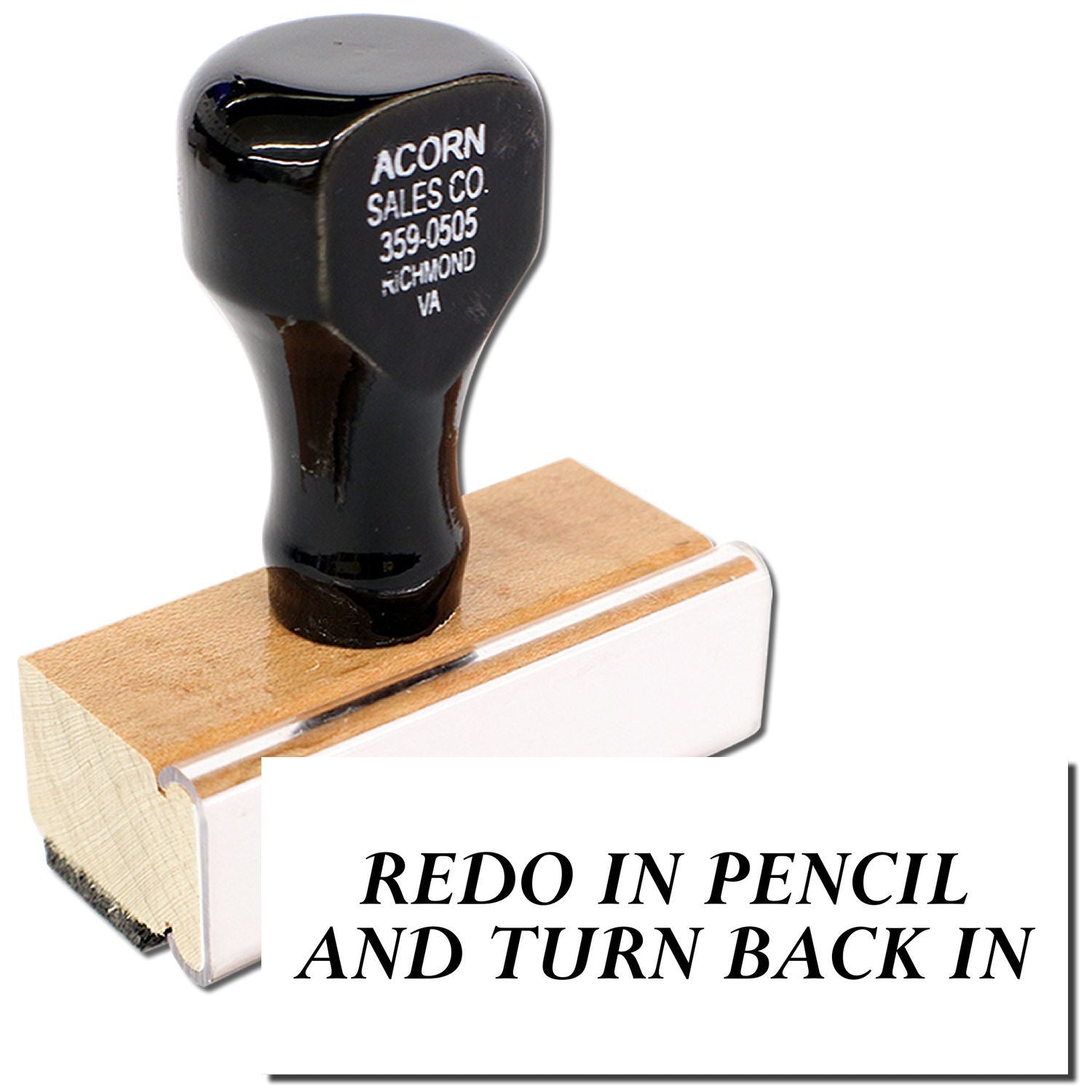 Acorn Sales Co. black pencil on eraser block with message Redo in Pencil and Turn Back In for school submission