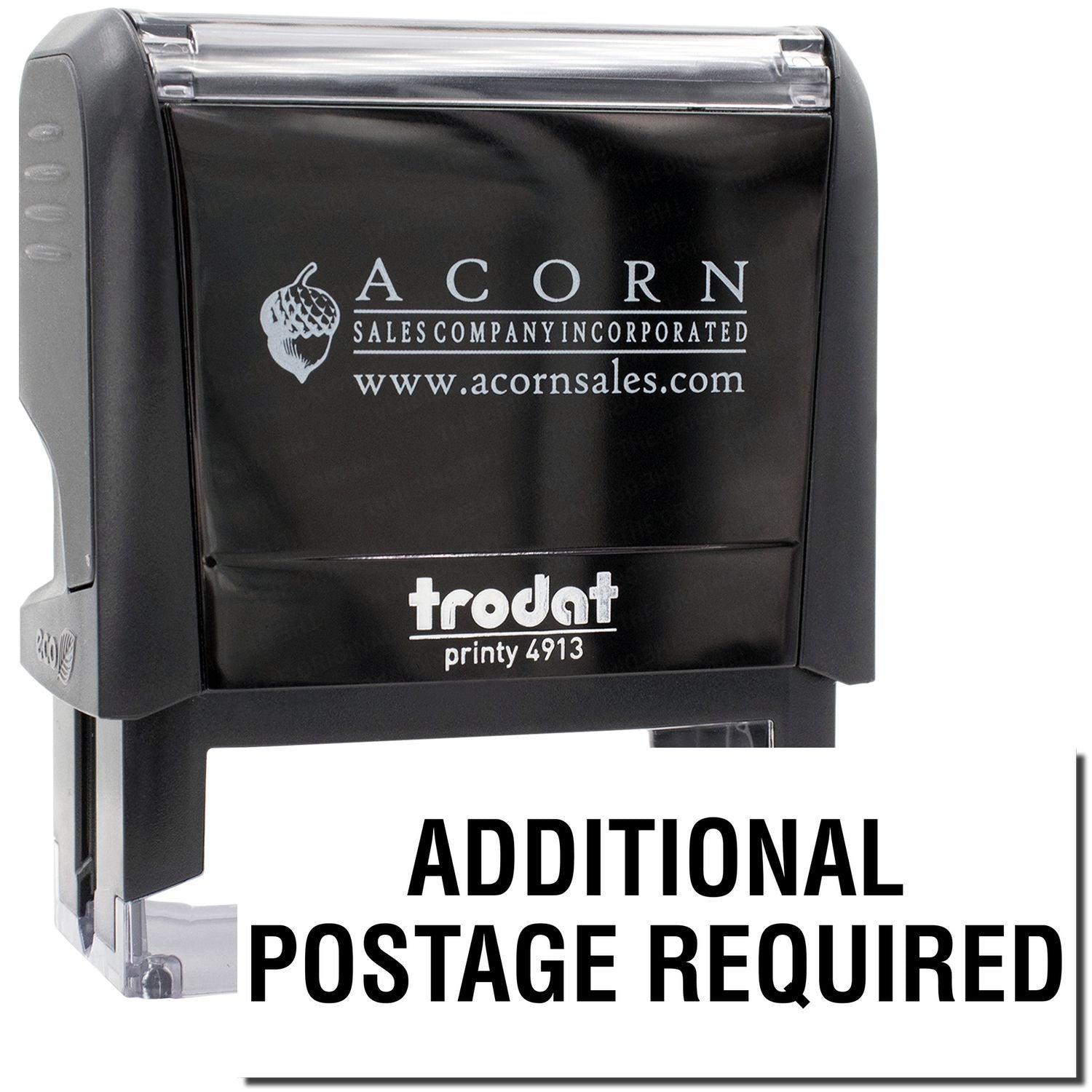 Trodat Printy 4913 custom postage stamp for Acorn Sales, showing logo and 'Additional Postage Required' for shipping mail labels