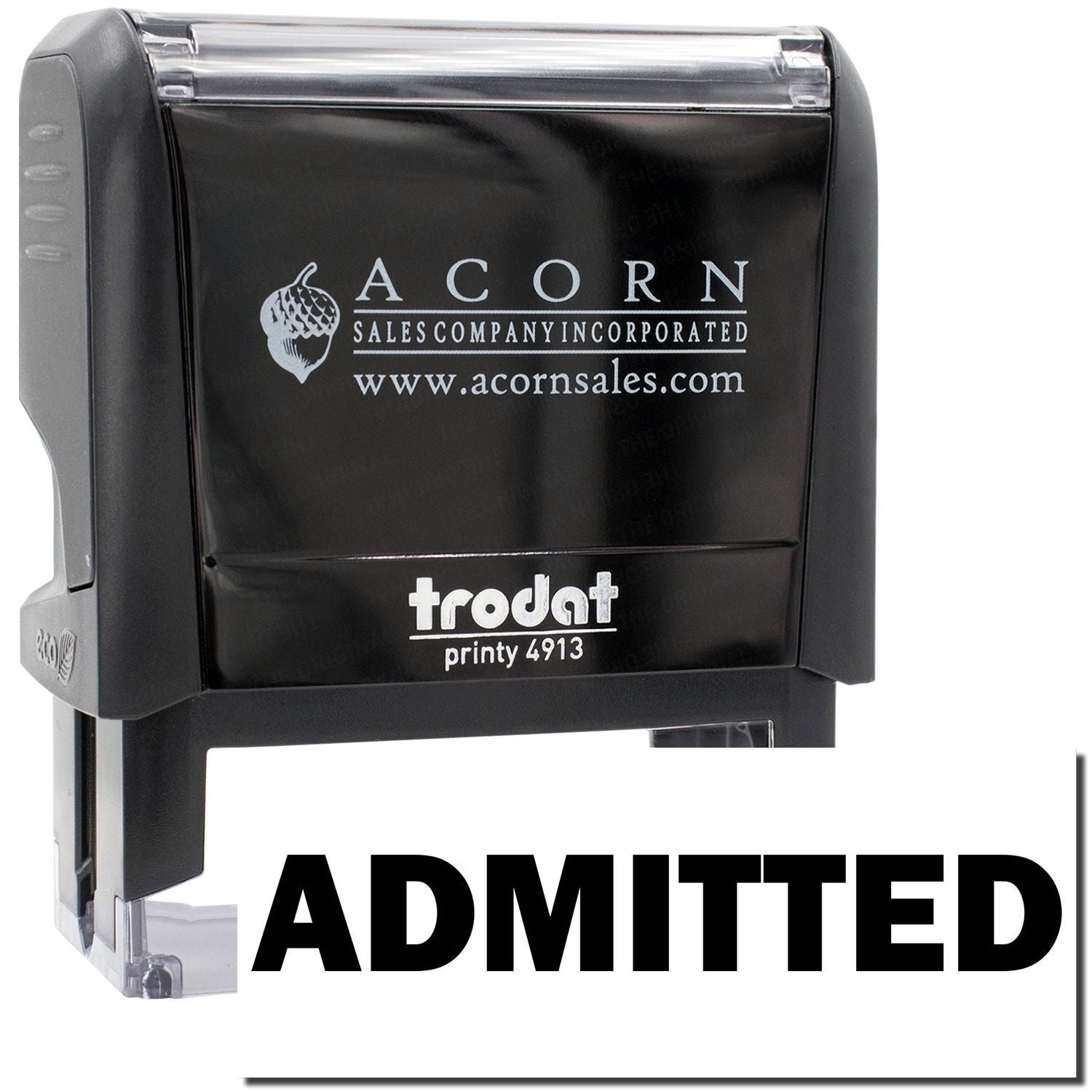 Acorn Sales Printy 4913 self-inking stamp labeled 'ADMITTED' for medical or legal paperwork processing for fast approval stamping in reception.