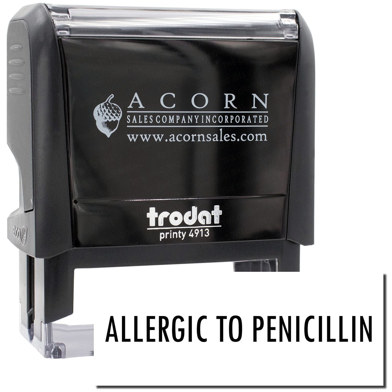 Acorn Sales Printy 4913 stamp shows allergy warning Allergic to penicillin, for safe labeling, workplace compliance and safety.